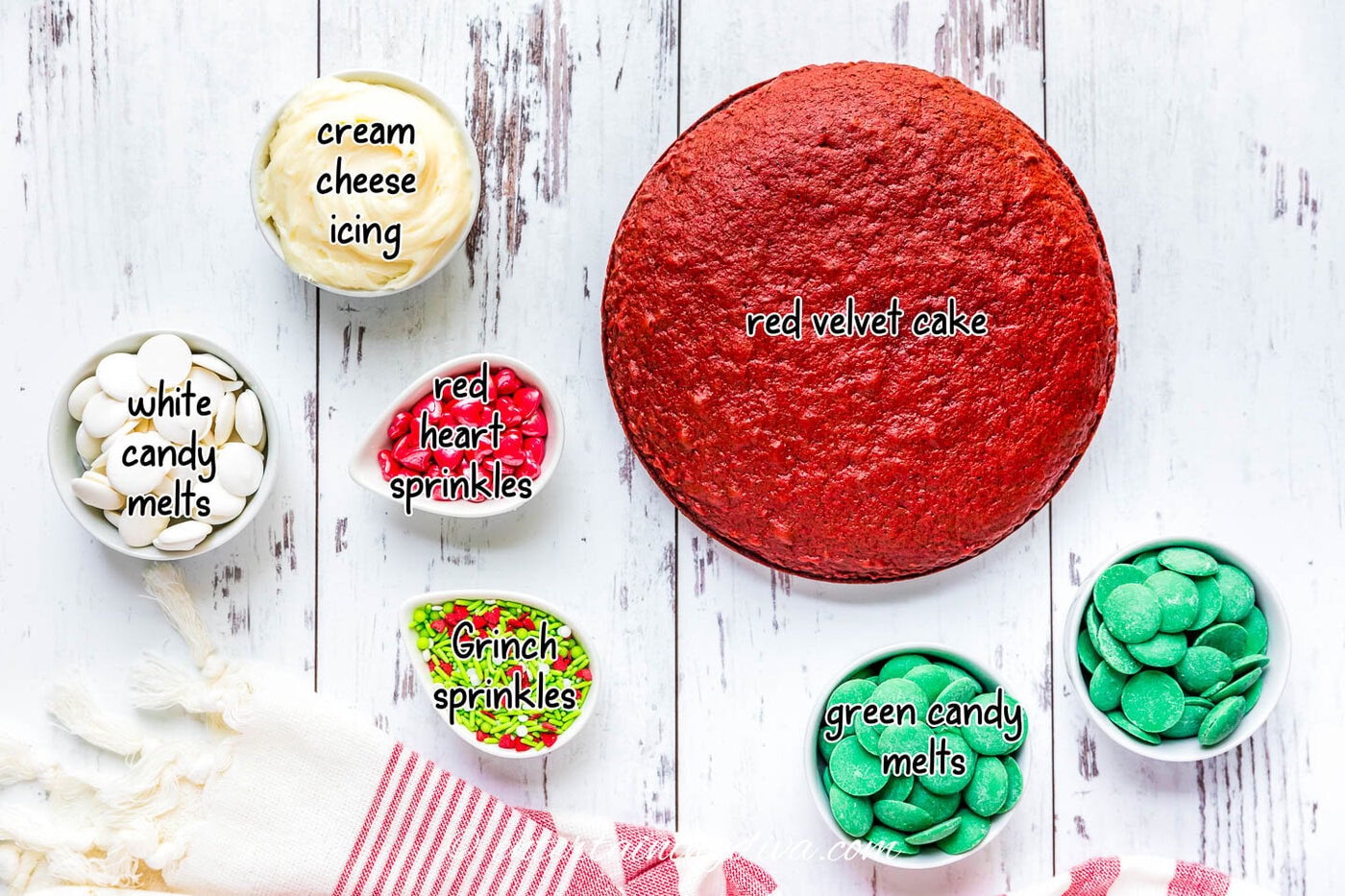 Grinch cake pucks ingredients - red velvet cake, cream cheese icing, candy melts and sprinkles