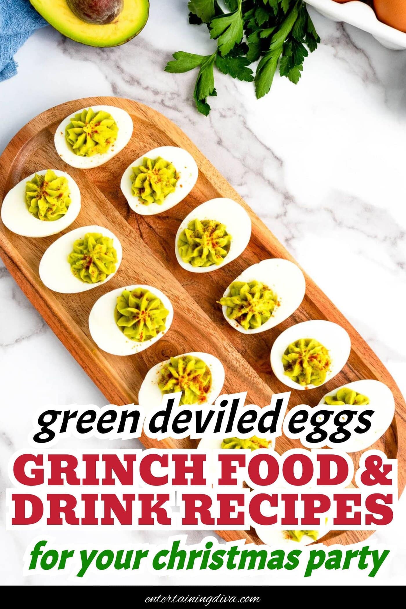 overhead picture of avocado deviled eggs on a tray