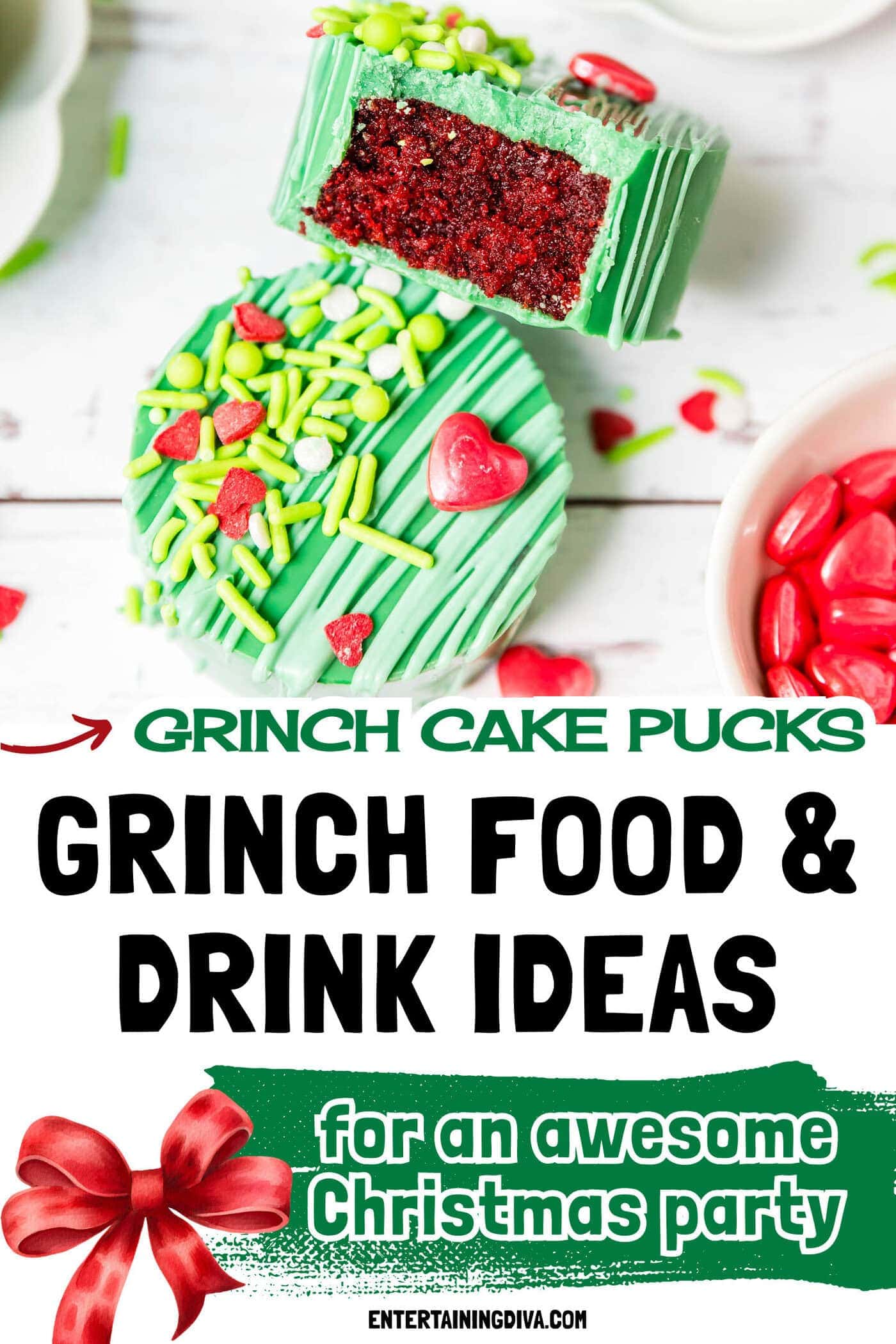 Close up of a Grinch cake puck with a bite taken out of it showing the red velvet cake inside
