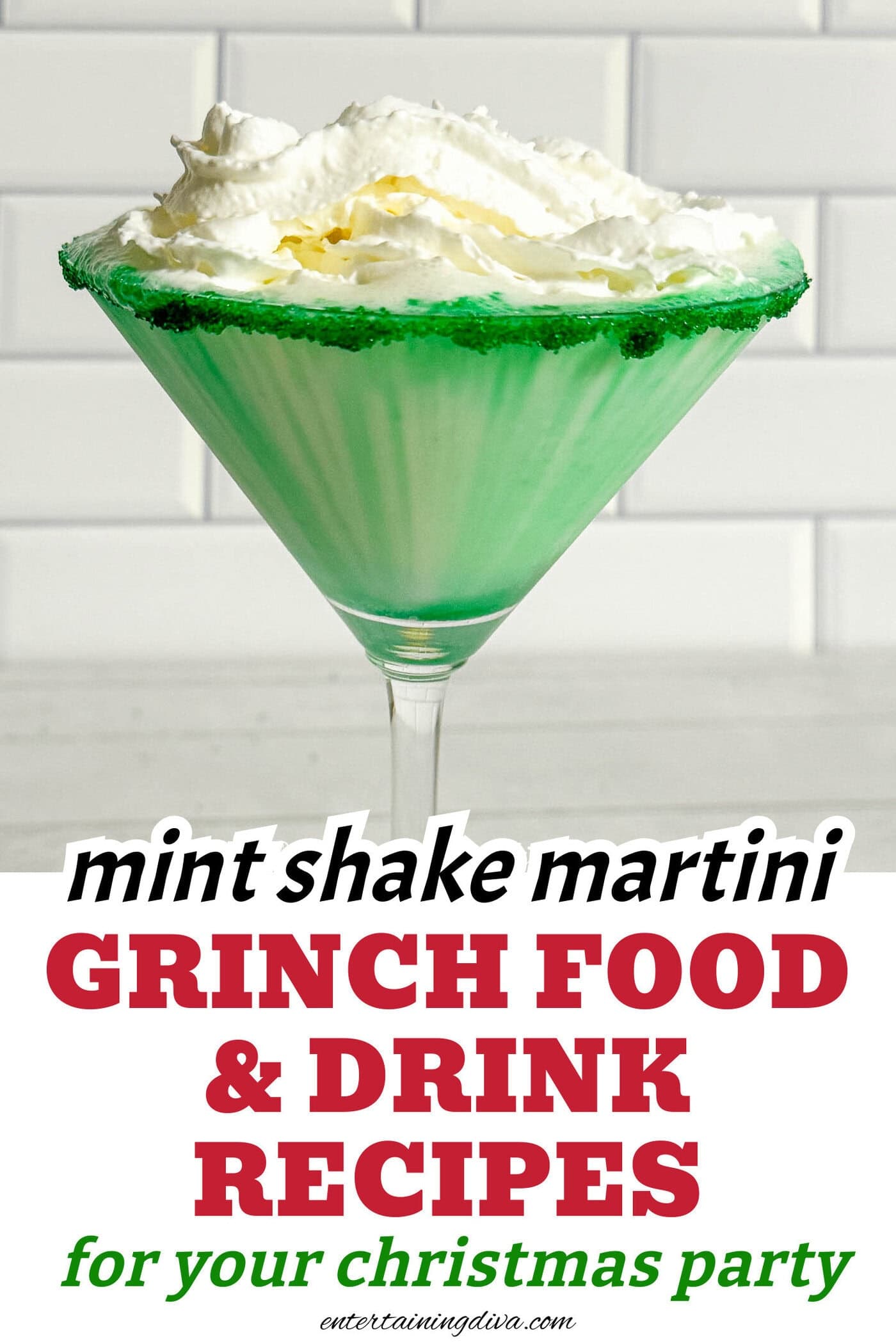 Close up of a St Patrick's Day Martini topped with whipped cream