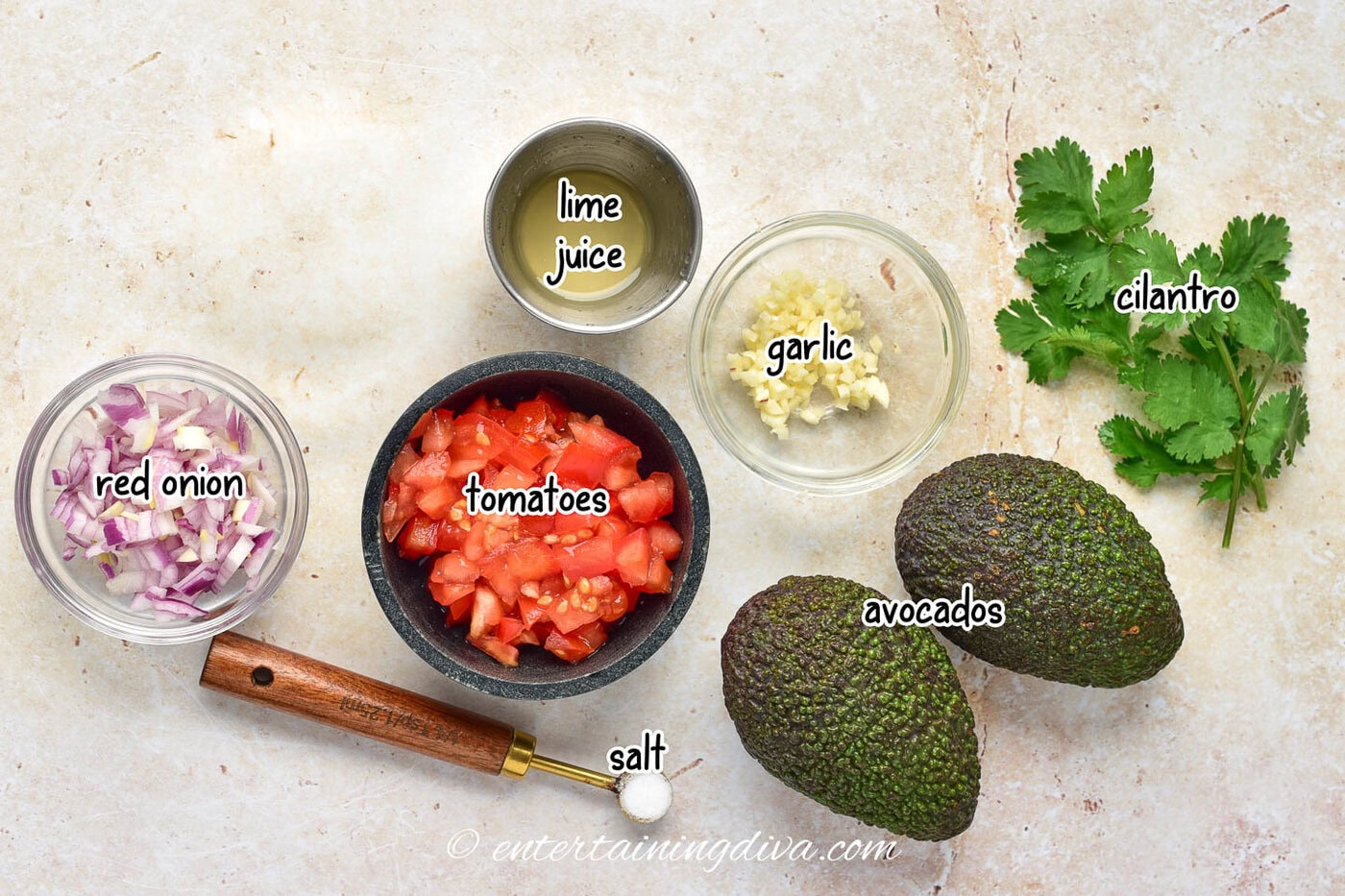 guacamole ingredients - avocado, cilantro, garlic, lime juice, tomatoes, red onion, salt