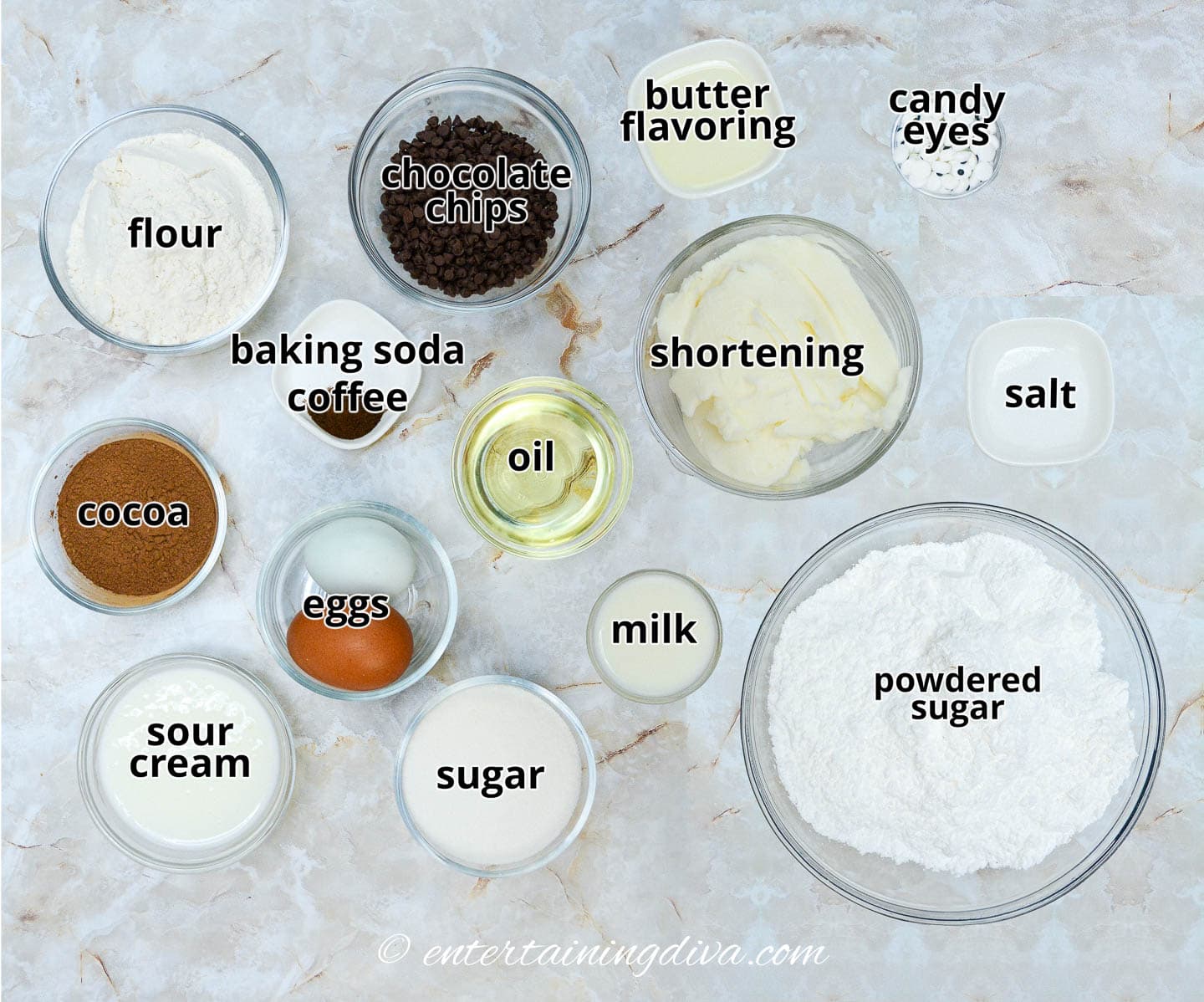 The ingredients for Halloween mummy cupcakes and frosting.
