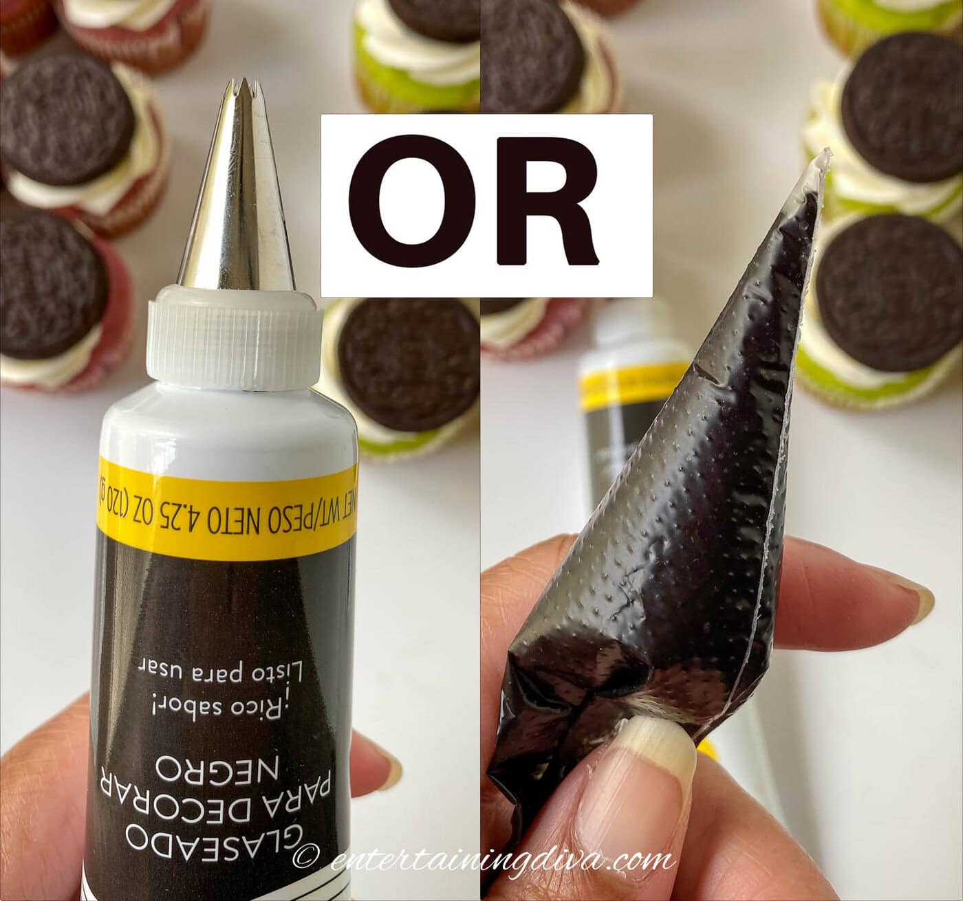 black decorator icing in a tube with a piping tip and a piping bag filled with black icing