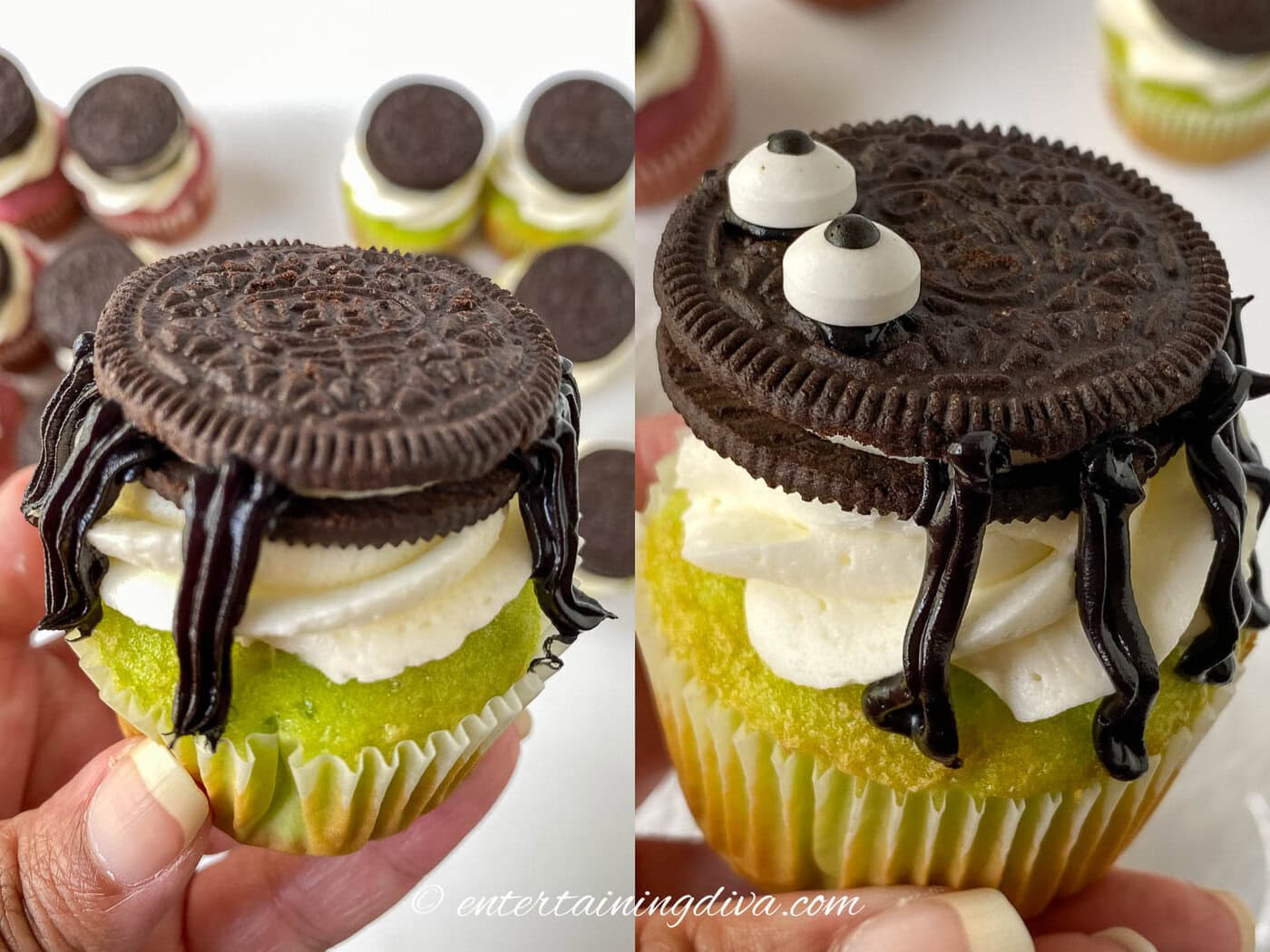 Cupcake with icing spider legs and another one with candy eyes on the cookie