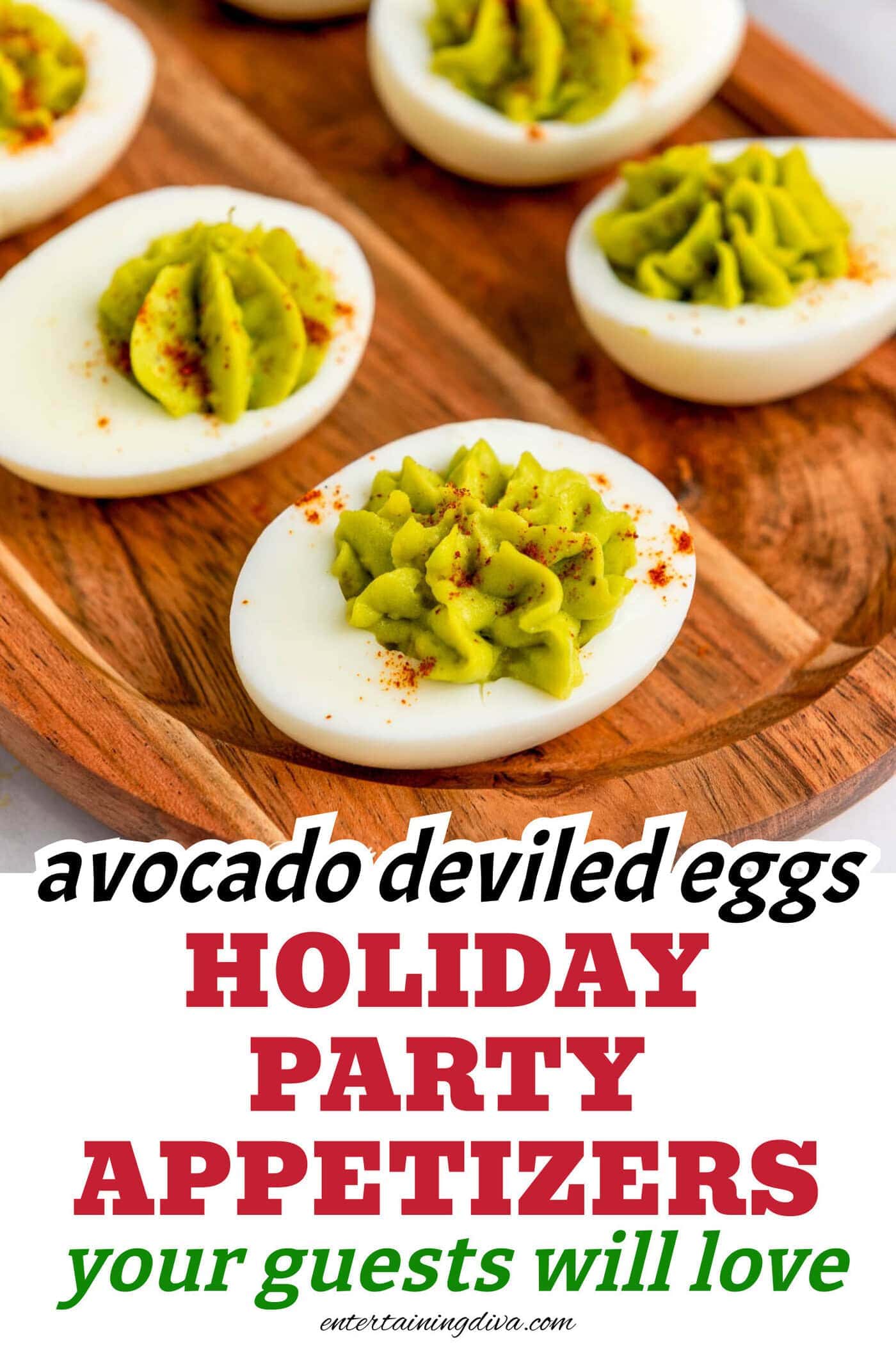 close up of avocado deviled eggs on a tray