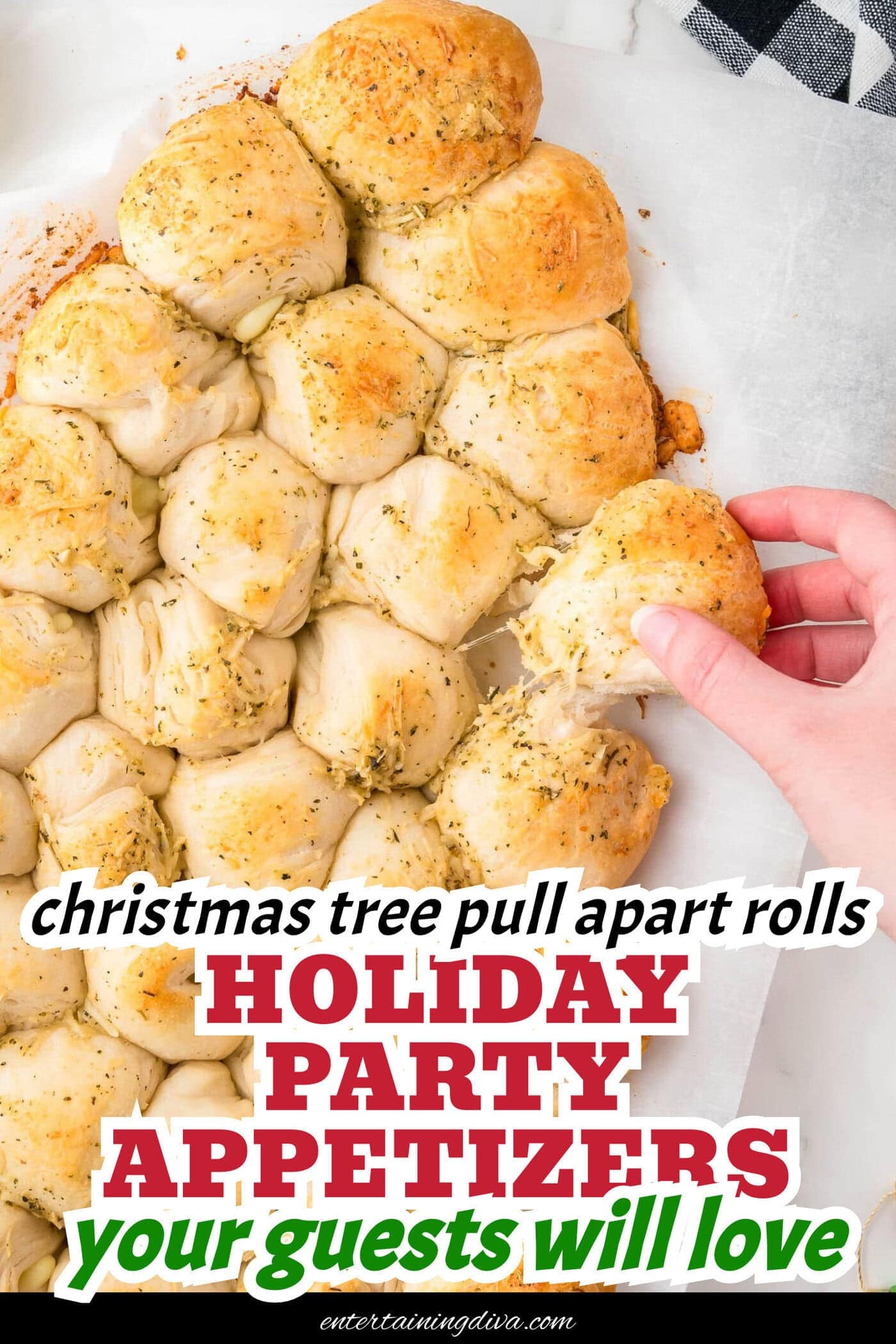 Christmas tree pull apart bread with a roll being pulled out