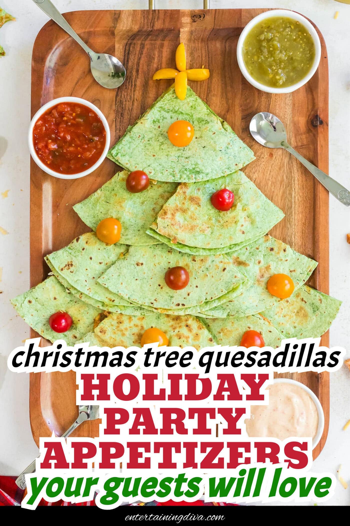 Close up of Christmas tree quesadillas on a serving tray with salsa and queso in serving bowls