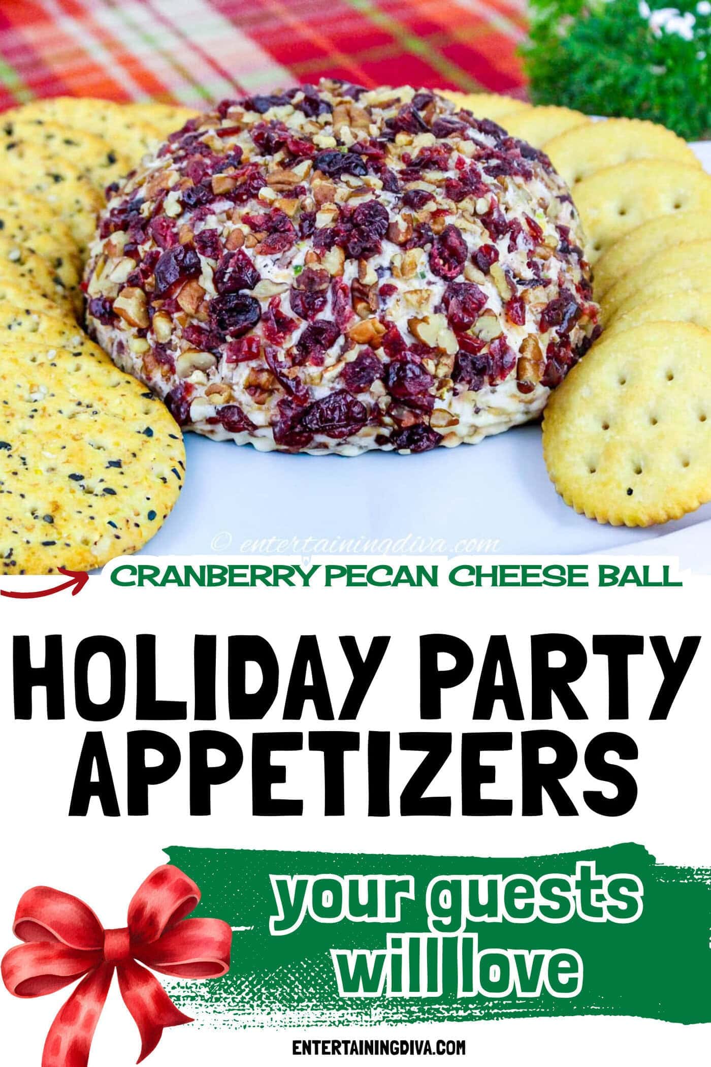 A cranberry pecan cheese ball on a plane surrounded by crackers