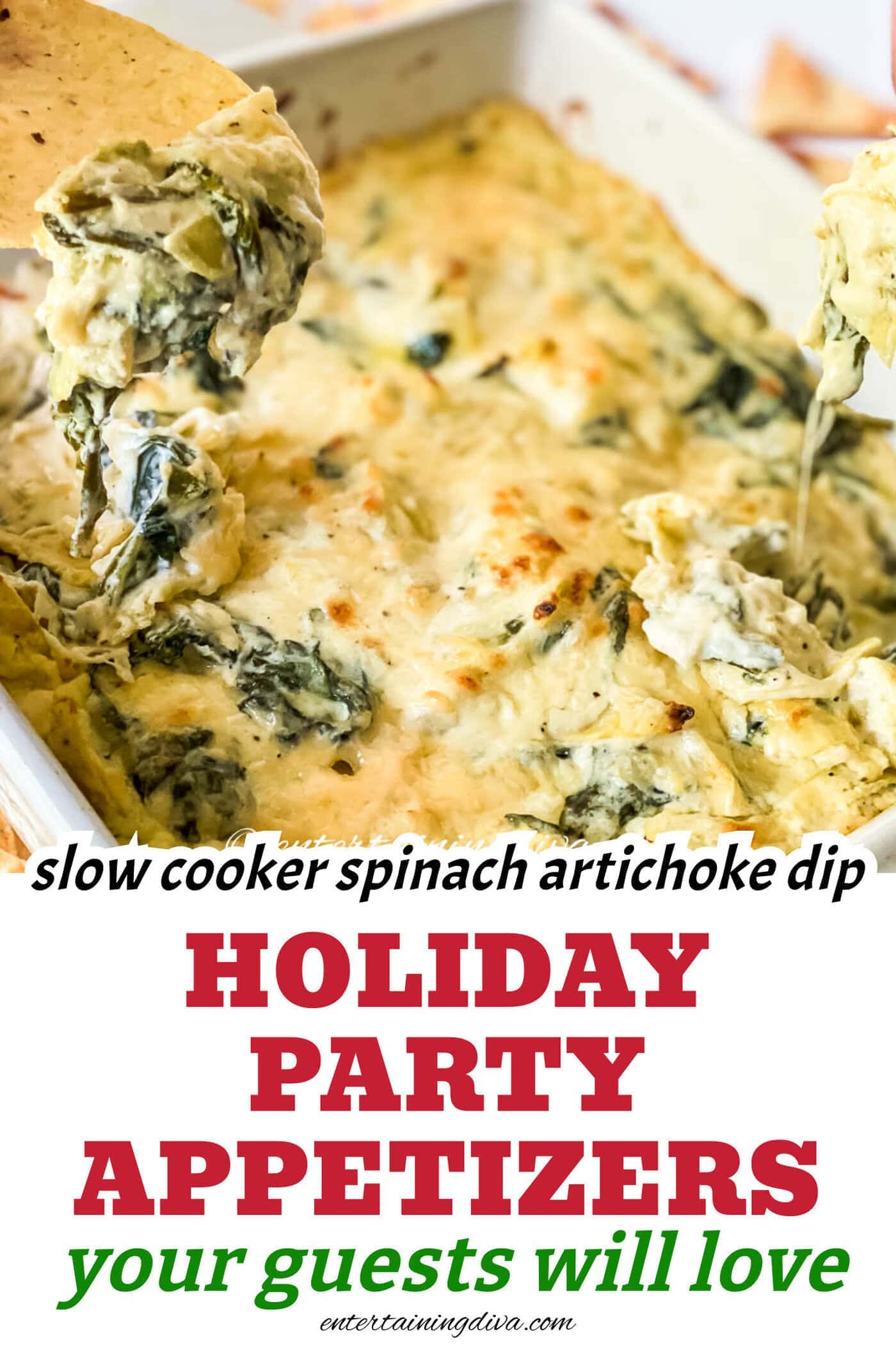 hot spinach artichoke dip on a tortilla chip