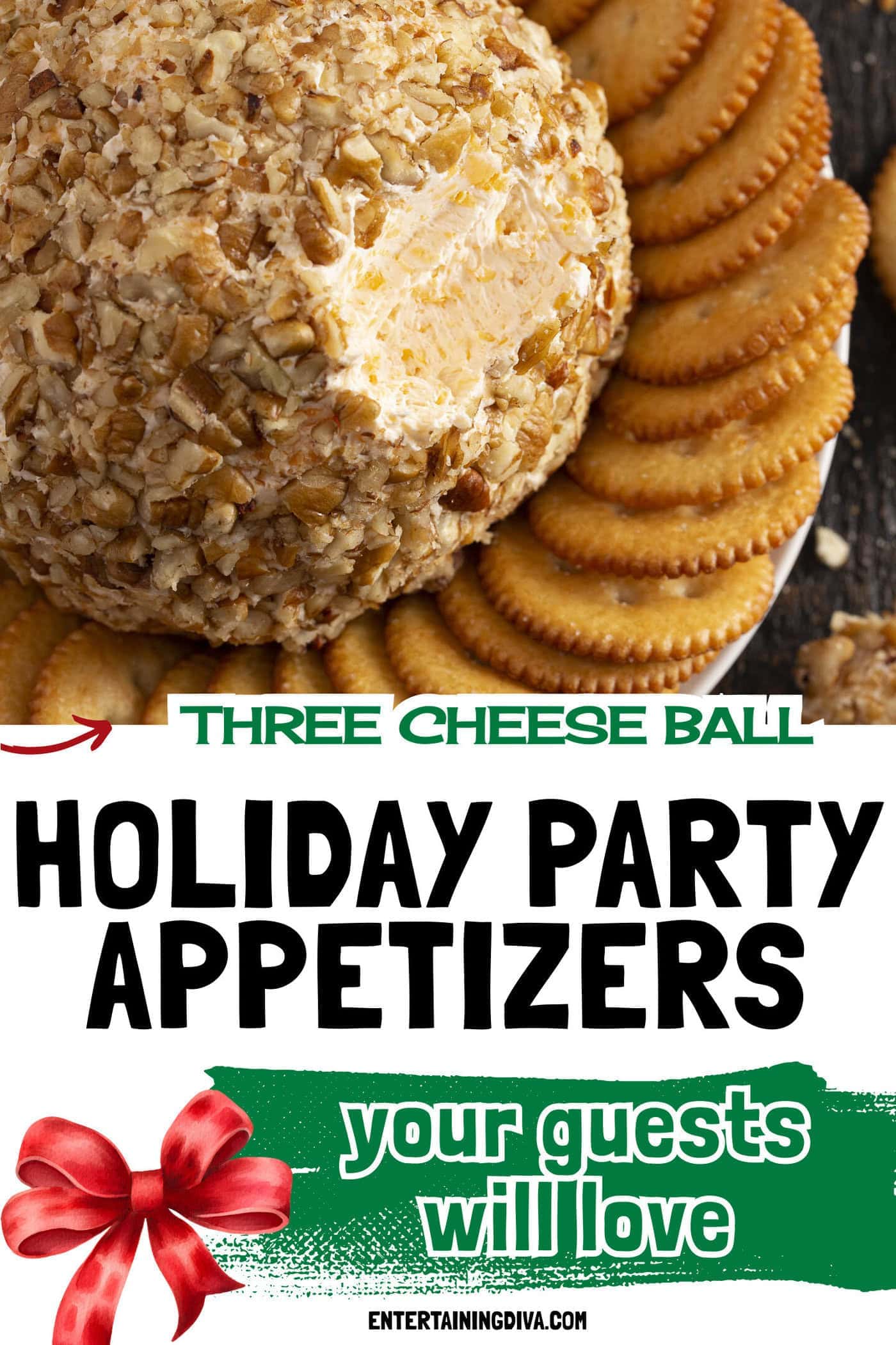 triple cheese ball with crackers on a plate