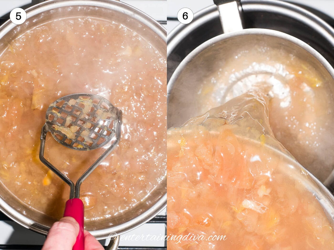 top view of water and apples simmering and being mashed with masher