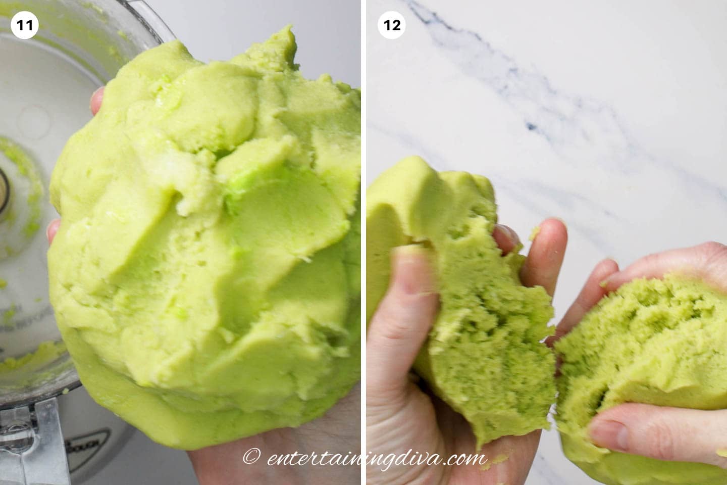 Green cookie dough being split in half