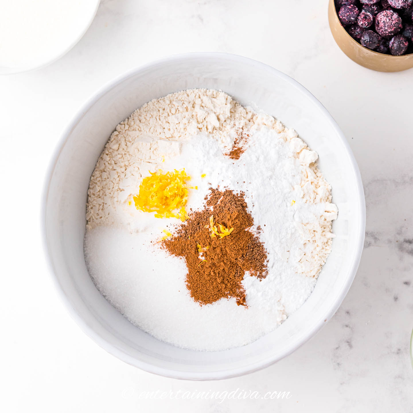flour and other dry baking ingredients in a bowl