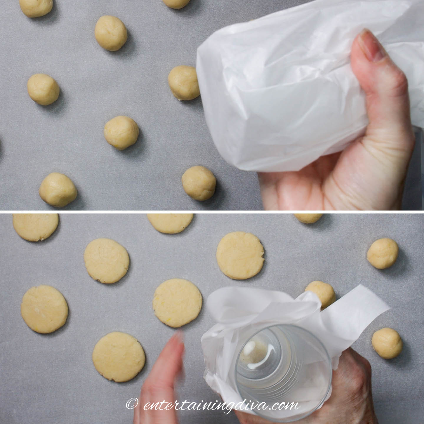 how to flatten cookie dough balls with the bottom of a glass
