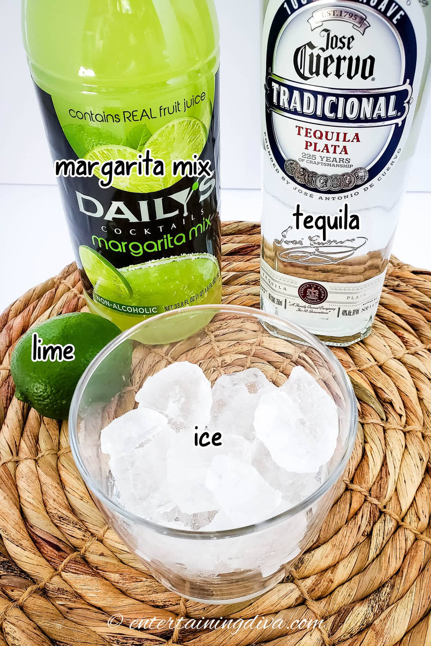 margarita ingredients - tequila, margarita mix, lime and ice