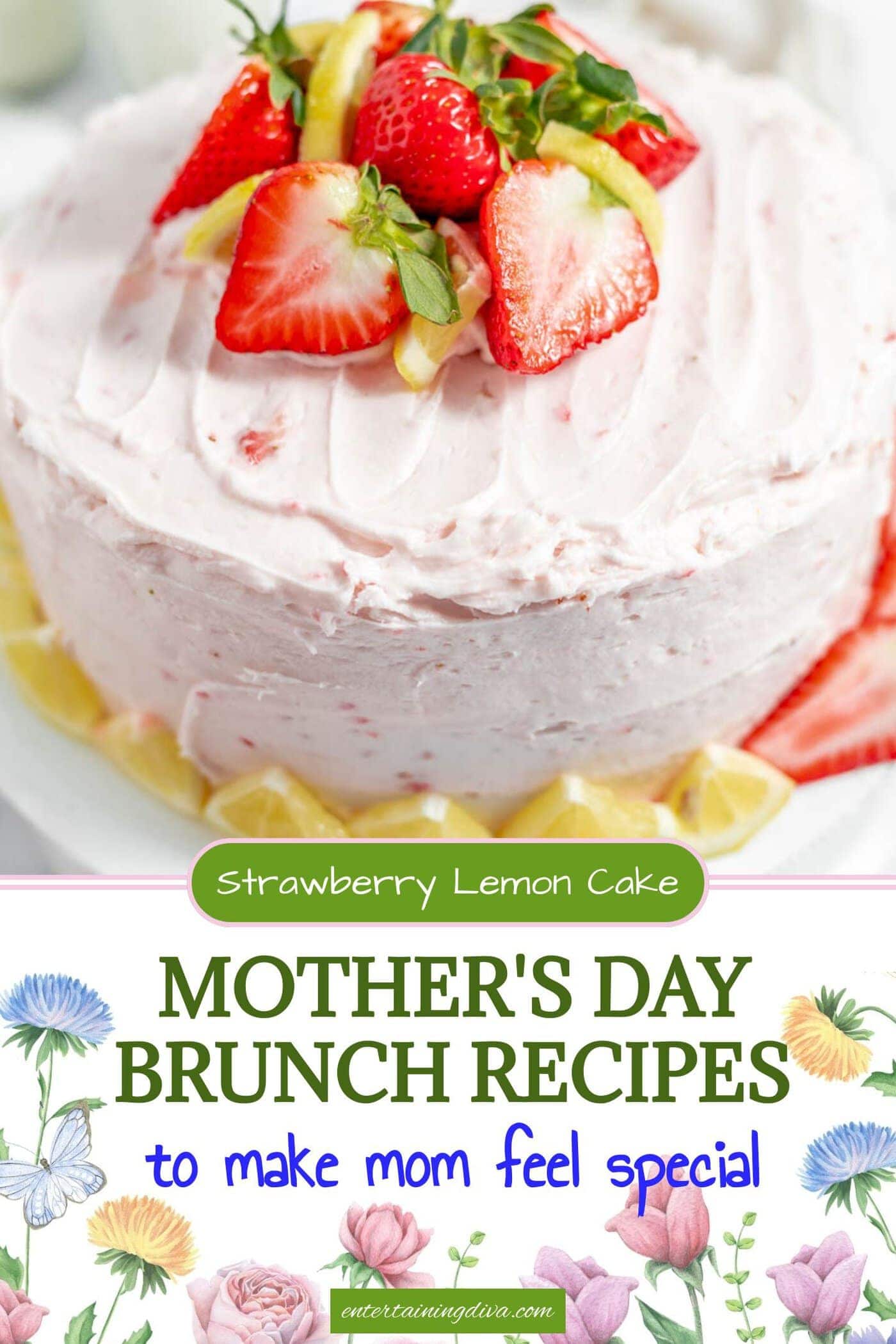 A round cake with pink strawberry frosting, topped with fresh strawberries and lemon slices, displayed on a white cake stand.