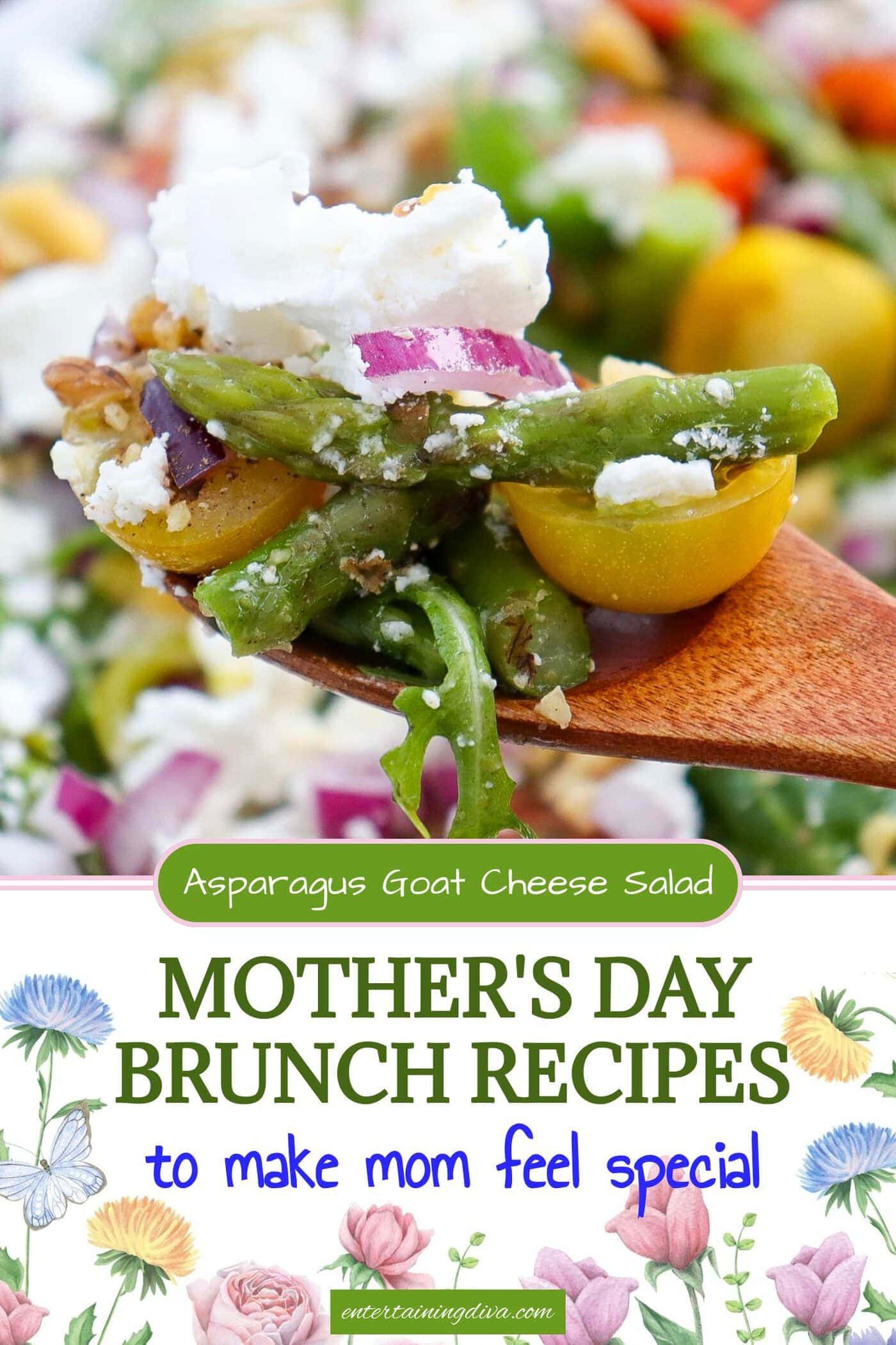 A wooden spoon holds a mix of asparagus, yellow cherry tomatoes, red onion, arugula, walnuts, and crumbled feta cheese.