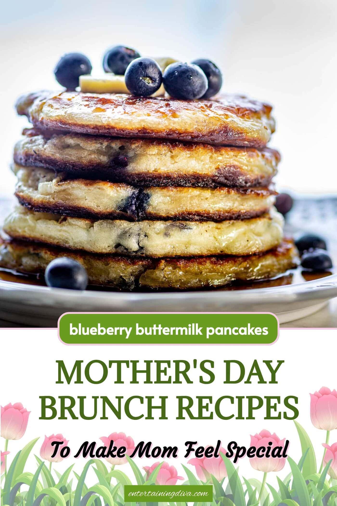 side view of a stack of blueberry pancakes served with maple syrup and fresh blueberries
