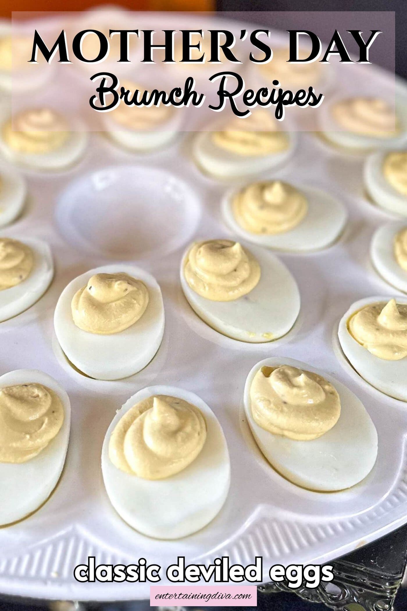 Classic deviled eggs on a plate with mustard on top.