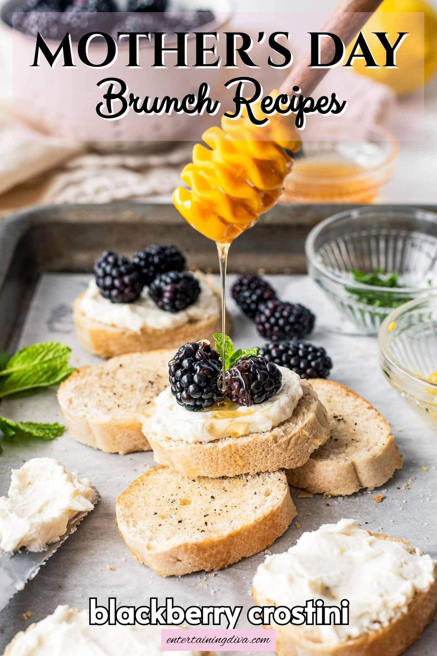 honey being drizzled on a blackberry goat cheese crostini