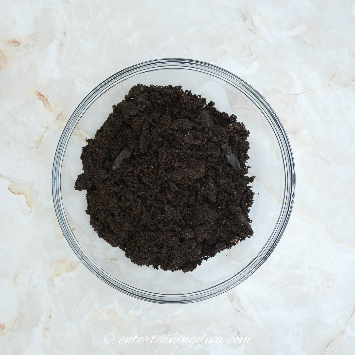 Crushed oreo cookies in a bowl
