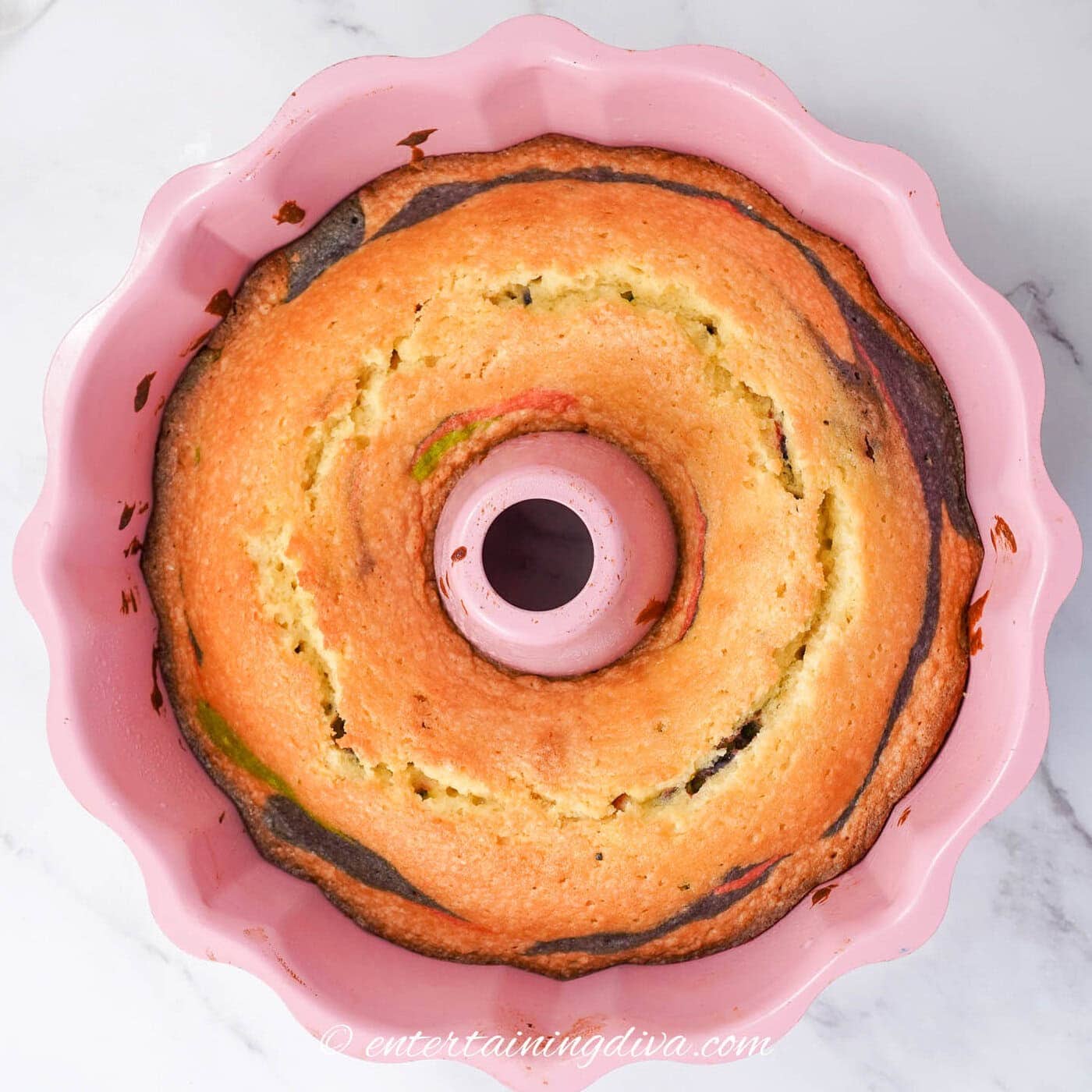 the baked pound cake in the bundt cake pan