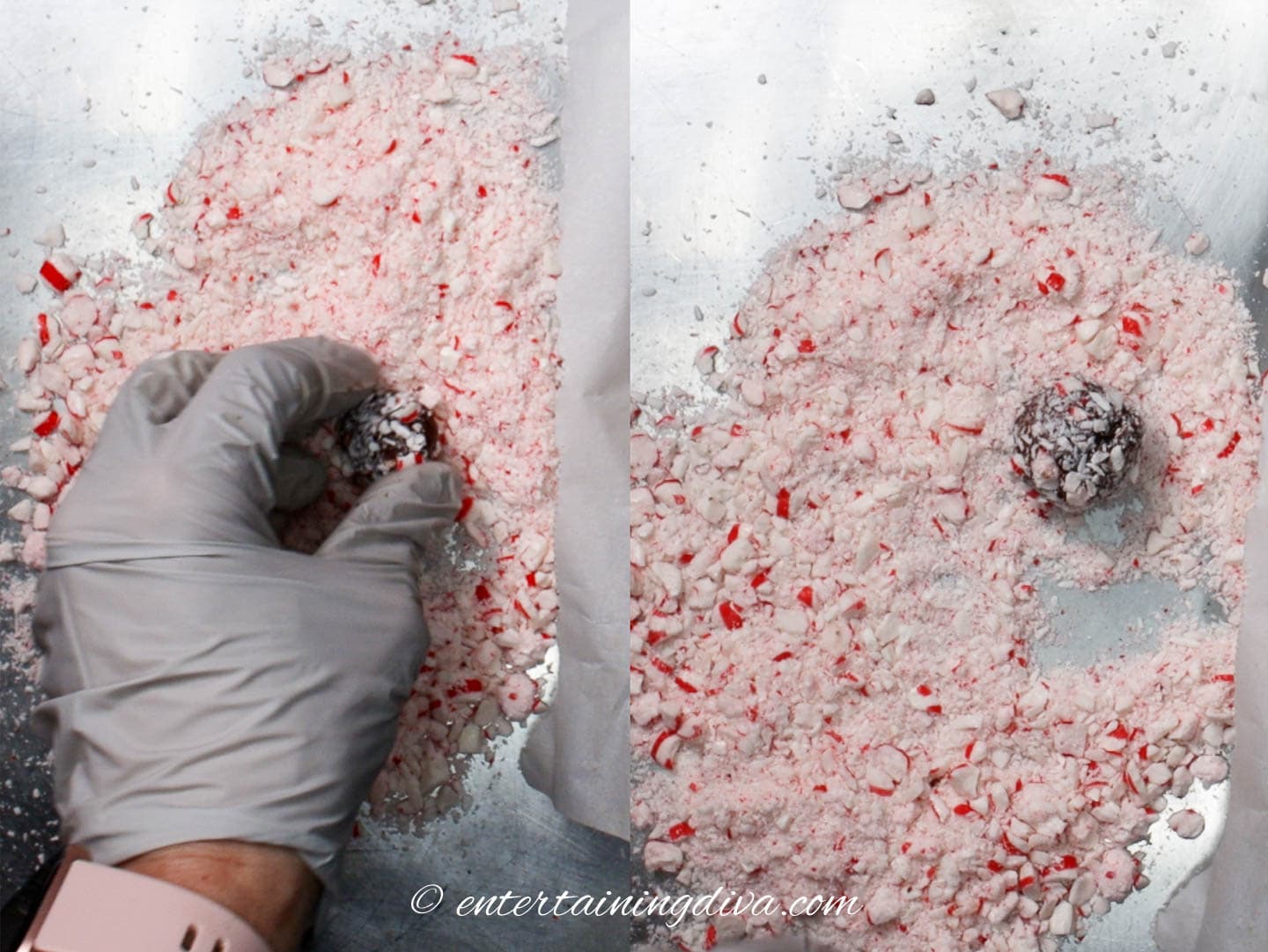 chocolate fudge balls being rolled in crushed candy canes