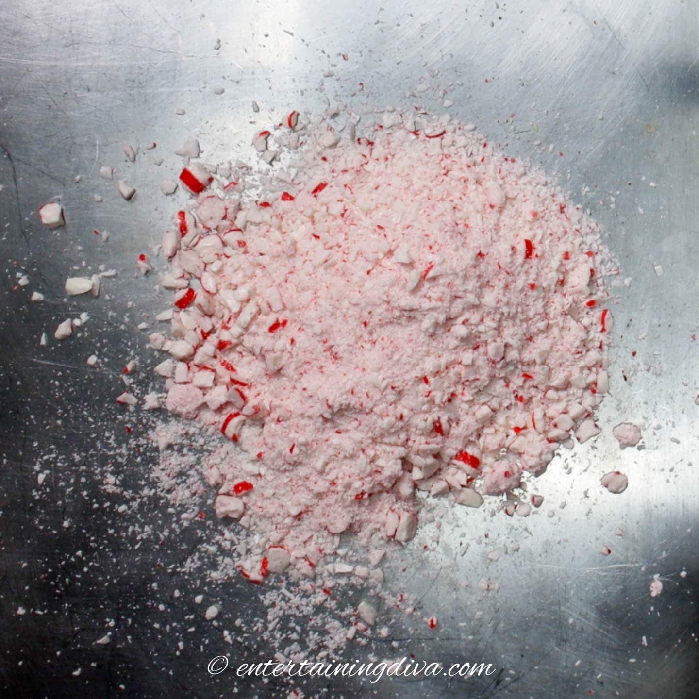 crushed candy canes on a cookie sheet