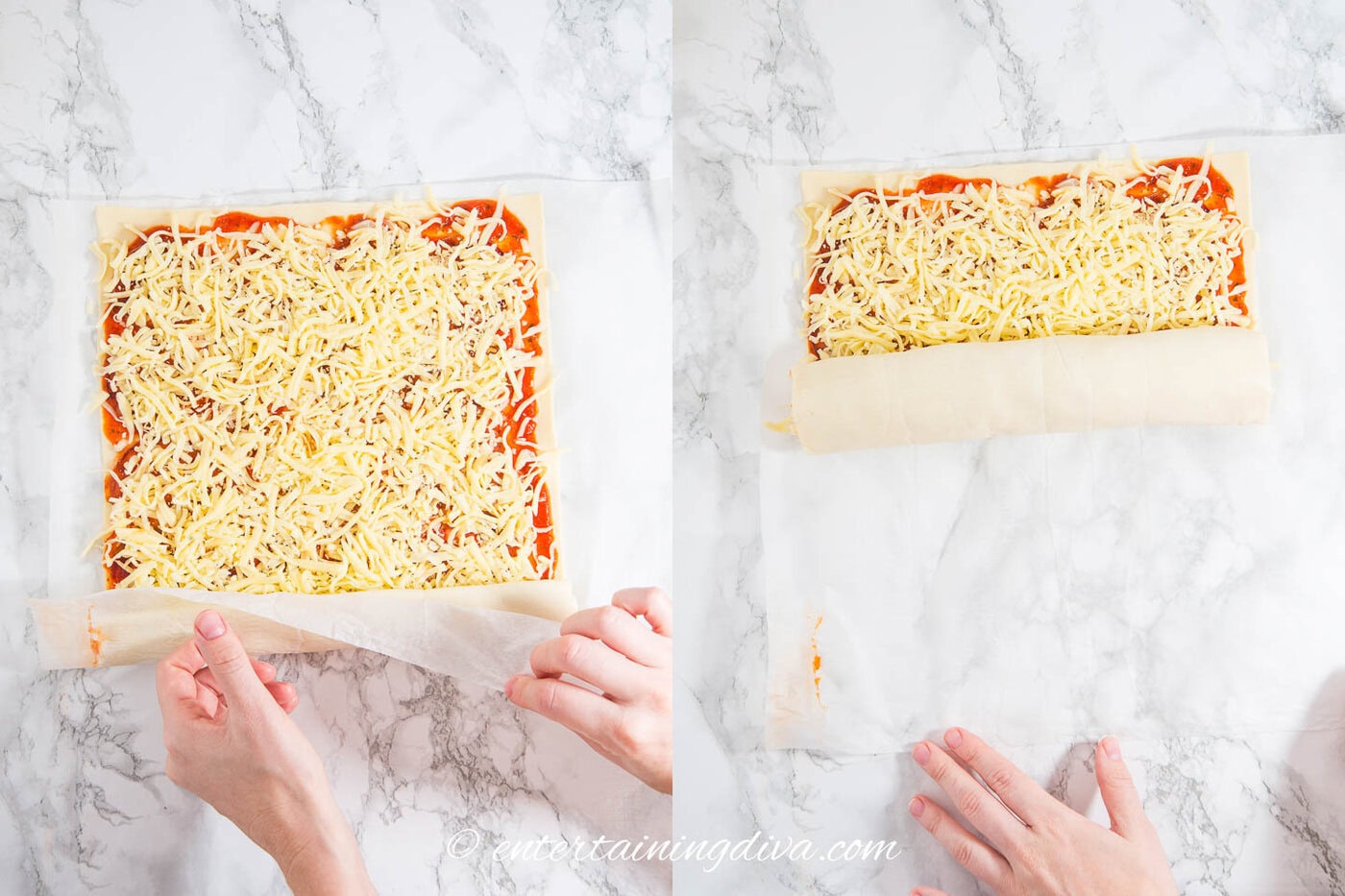 pepperoni pizza pinwheels being rolled up