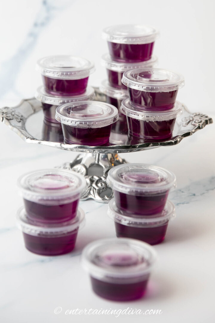 Front view of purple hooter jello shots on silver platter