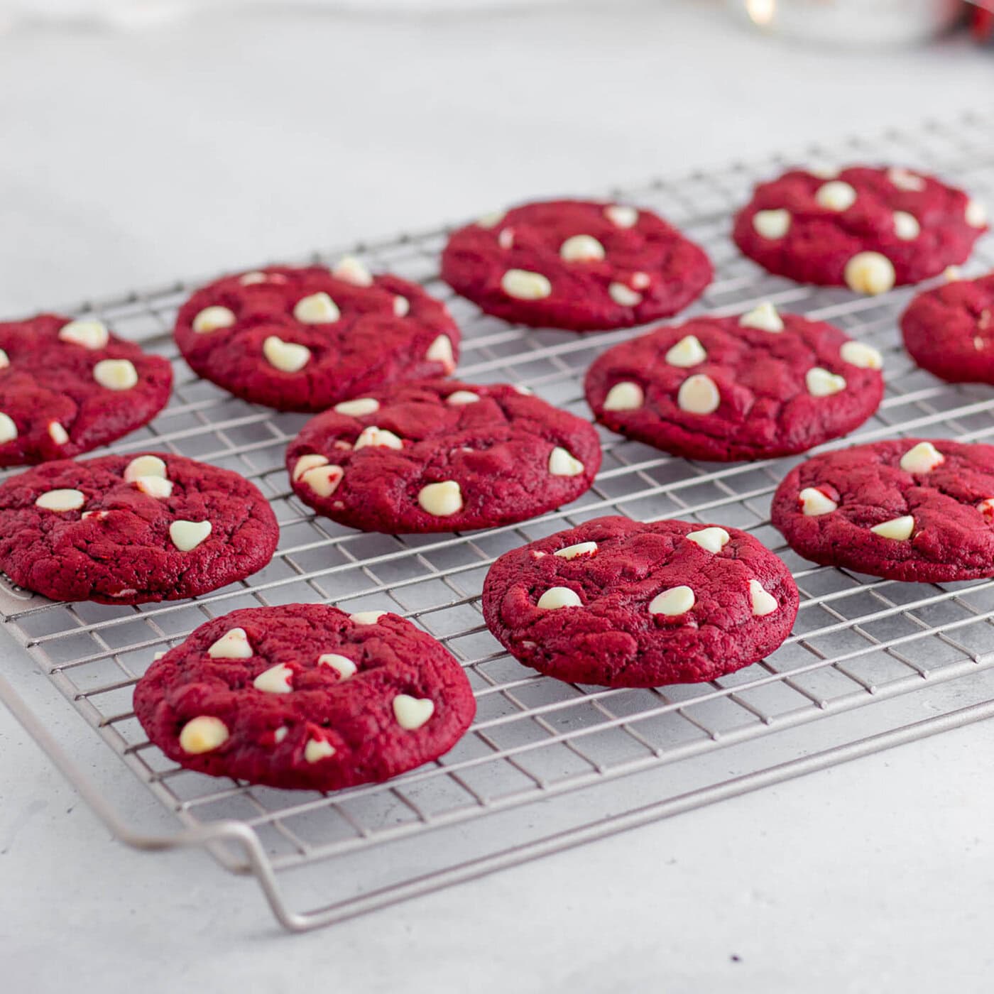 red velvet cookies on a wire rack.