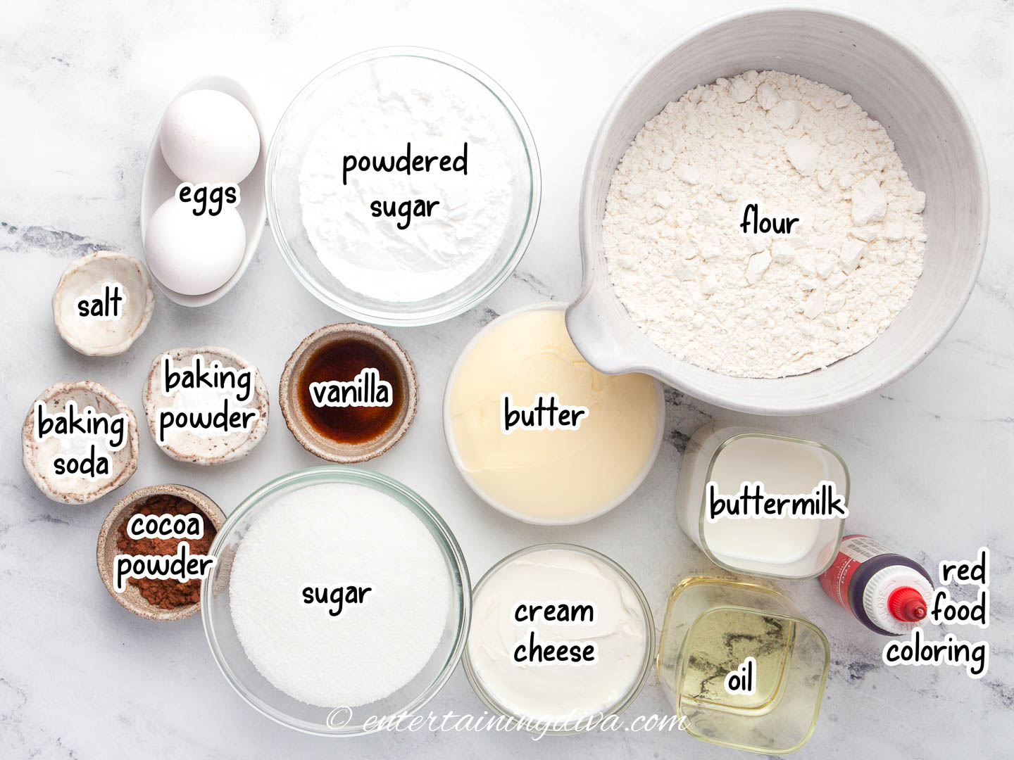 ingredients for red velvet cupcakes with cream cheese frosting