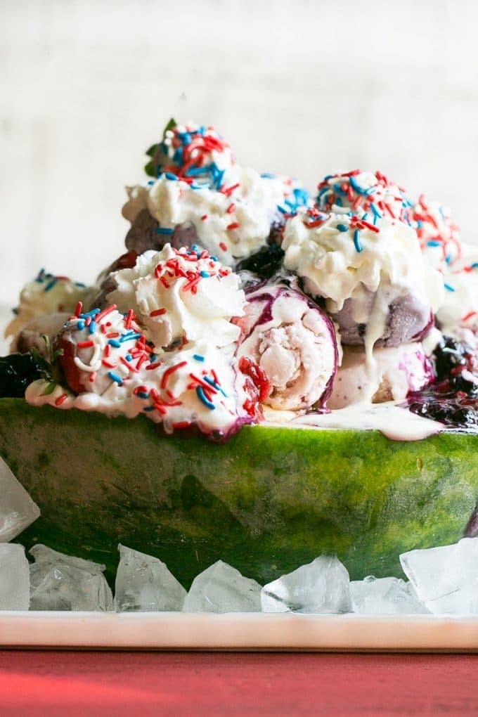 red, white and blueberry sundae