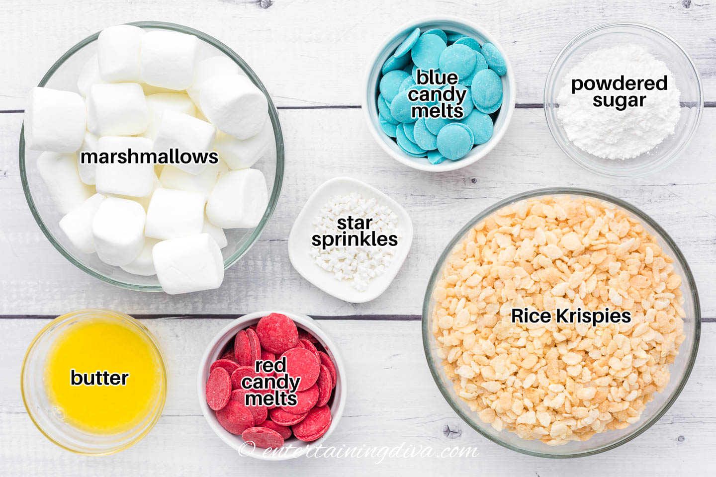patriotic rice krispie treats ingredients - marshmallows, butter, rice krispies, powdered sugar, blue candy melts, red candy melts and white star sprinkles