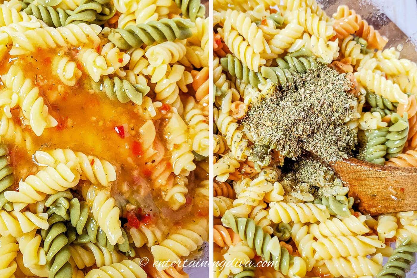 tri-color rotini pasta with Italian dressing and seasoning