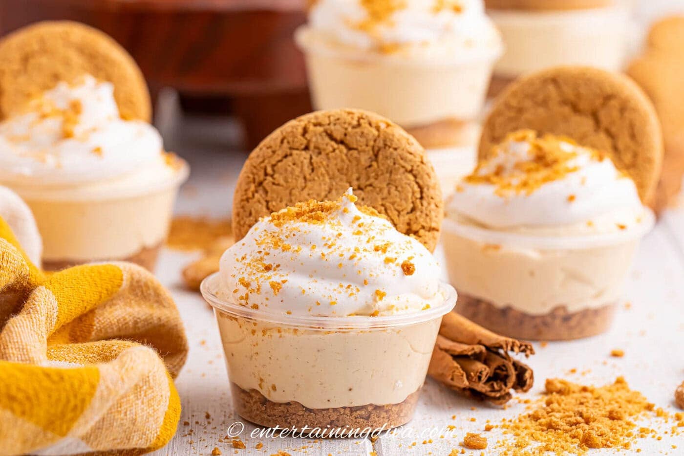 A group of RumChata Christmas pudding shots garnished with cookie crumbs and a Ginger Snap cookie
