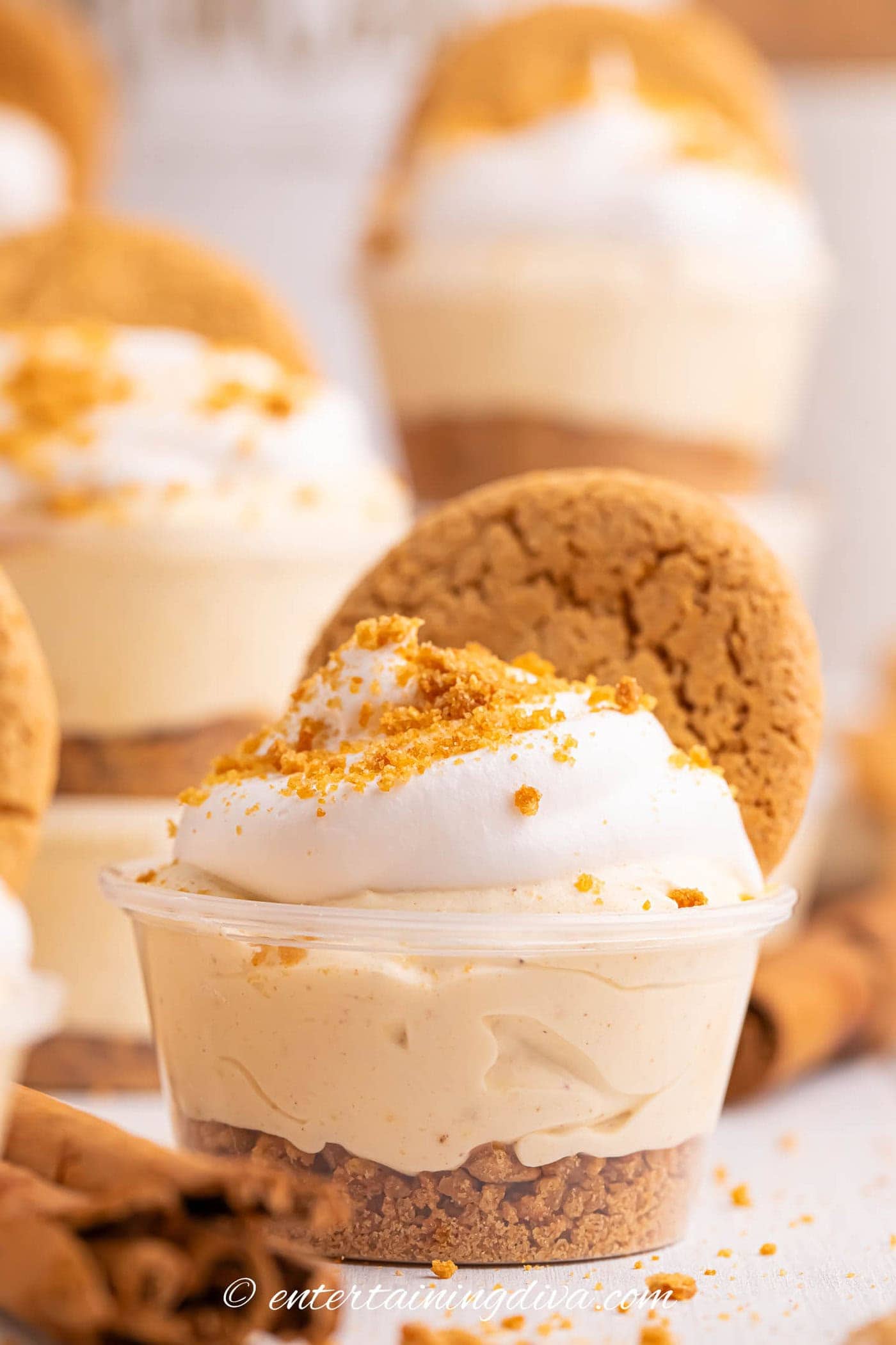 Gingerbread Christmas pudding shots garnished with whipped cream, cookie crumbs and a ginger snap cookie