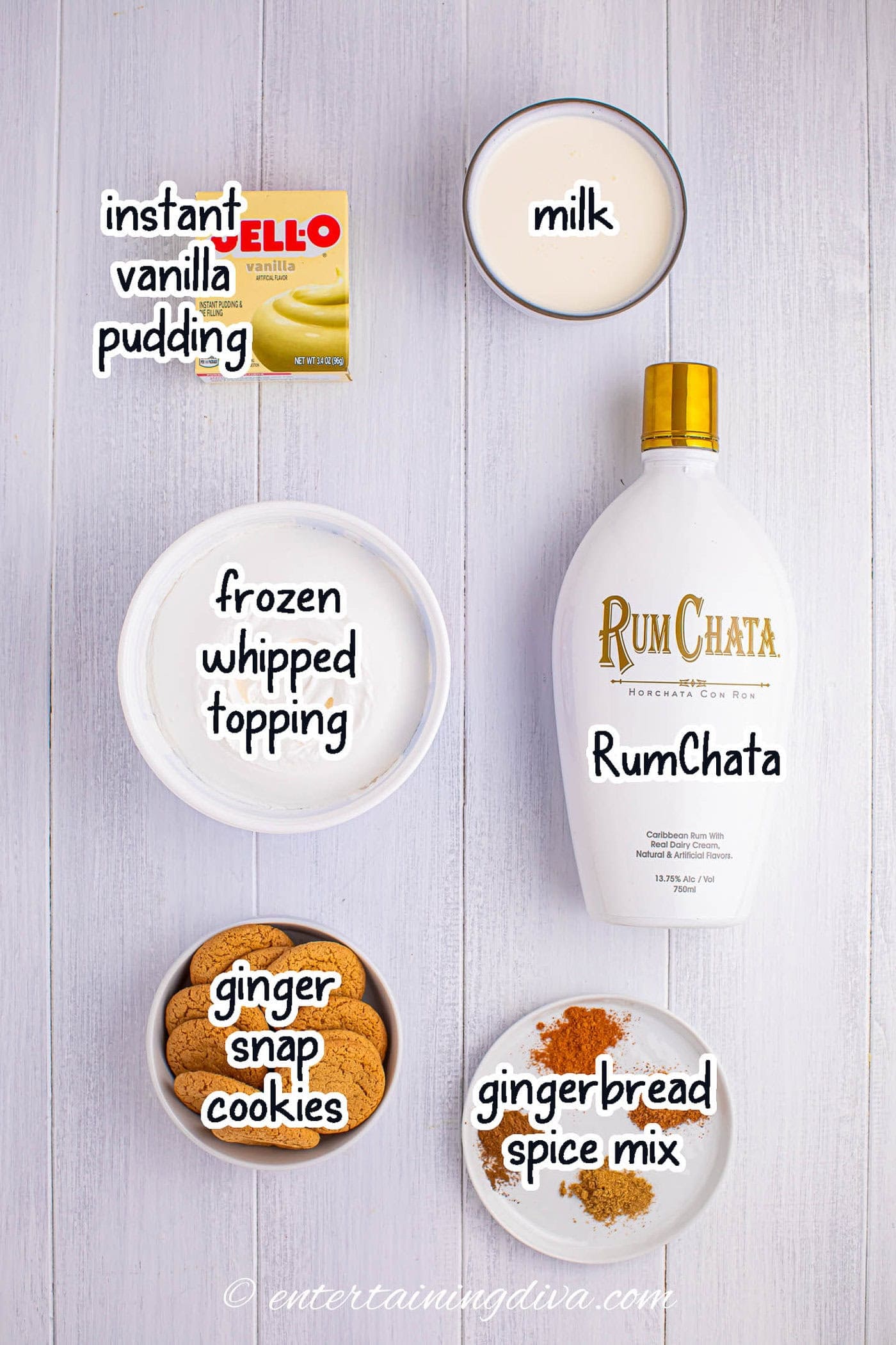 Ingredients for gingerbread RumChata Christmas pudding shots