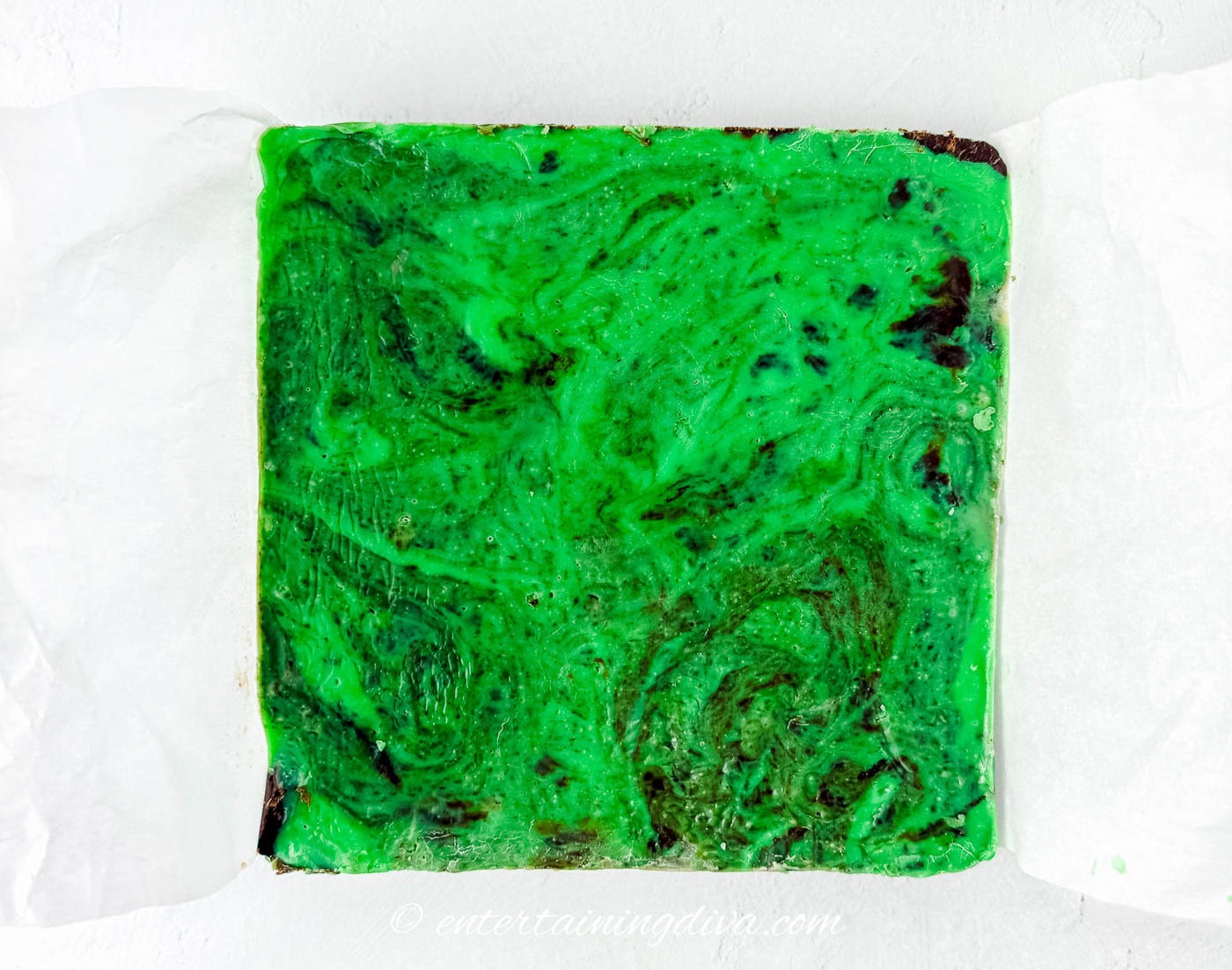 The chilled mint chocolate fudge after being removed from the pan