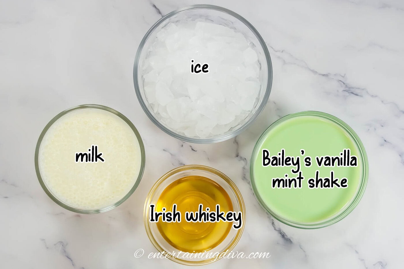 shamrock shake ingredients - irish whiskey, Bailey's vanilla mint shake and milk