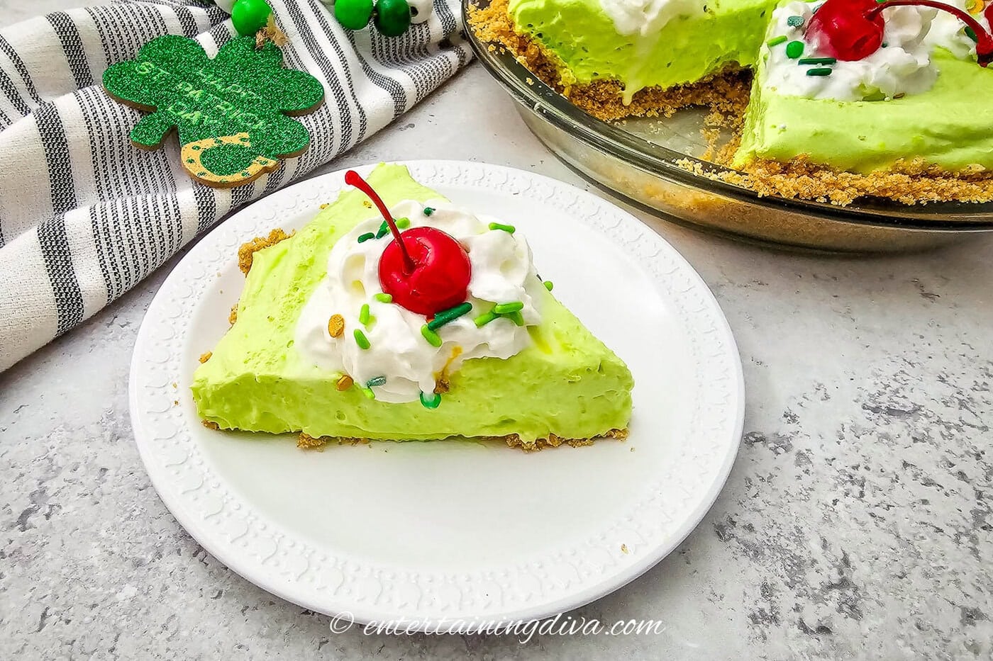 A slice of no-bake shamrock shake pie on a plate