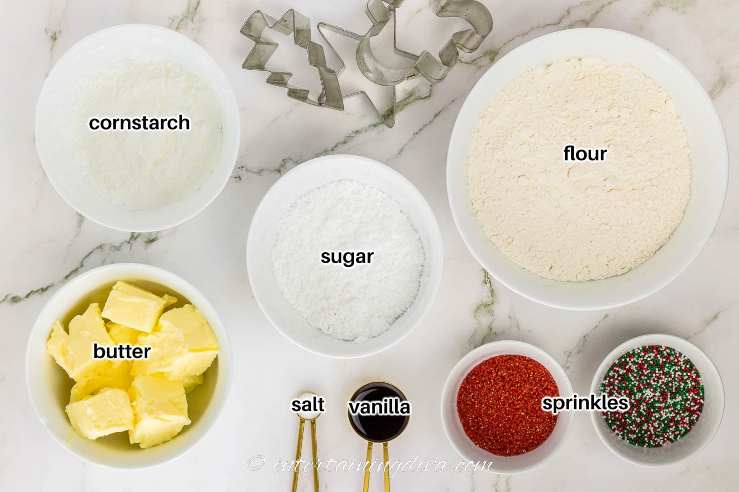 shortbread Christmas cookies ingredients - flour, sugar, cornstarch, butter, salt, vanilla, sprinkles
