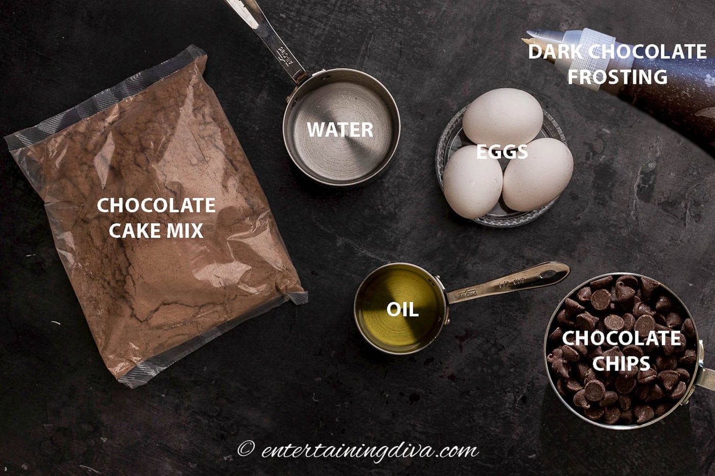 skull Halloween cupcakes ingredients - chocolate cake mix, chocolate chips, chocolate frosting