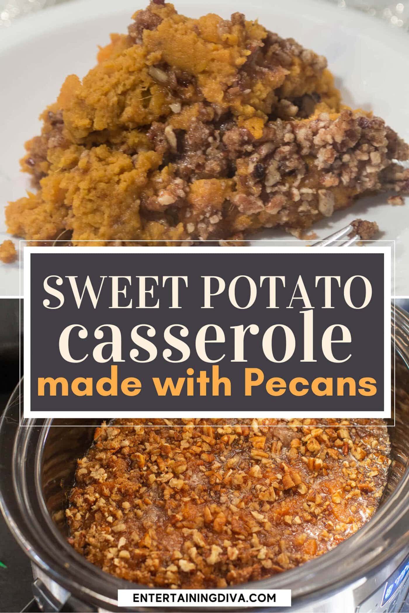 Sweet potato casserole on a plate with a fork