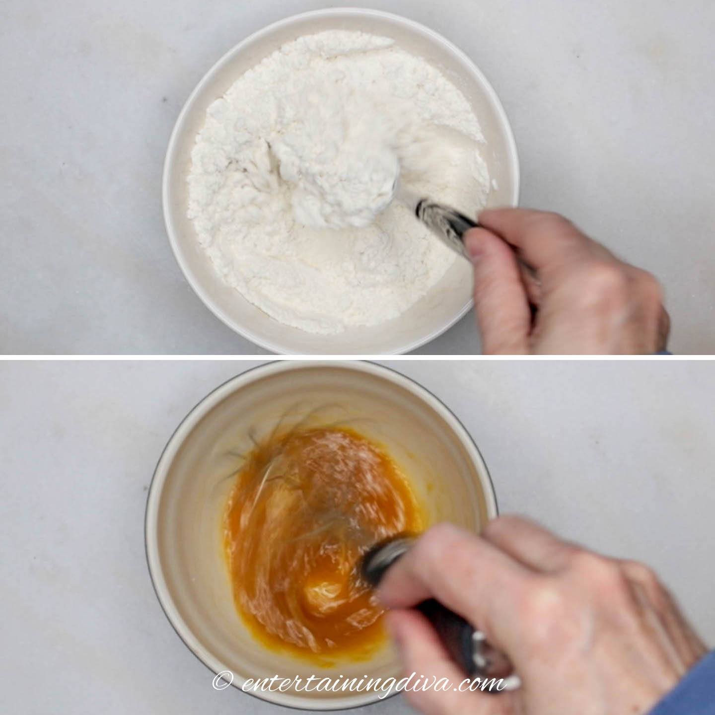 Dry ingredients in bowl and wet ingredients in bowl