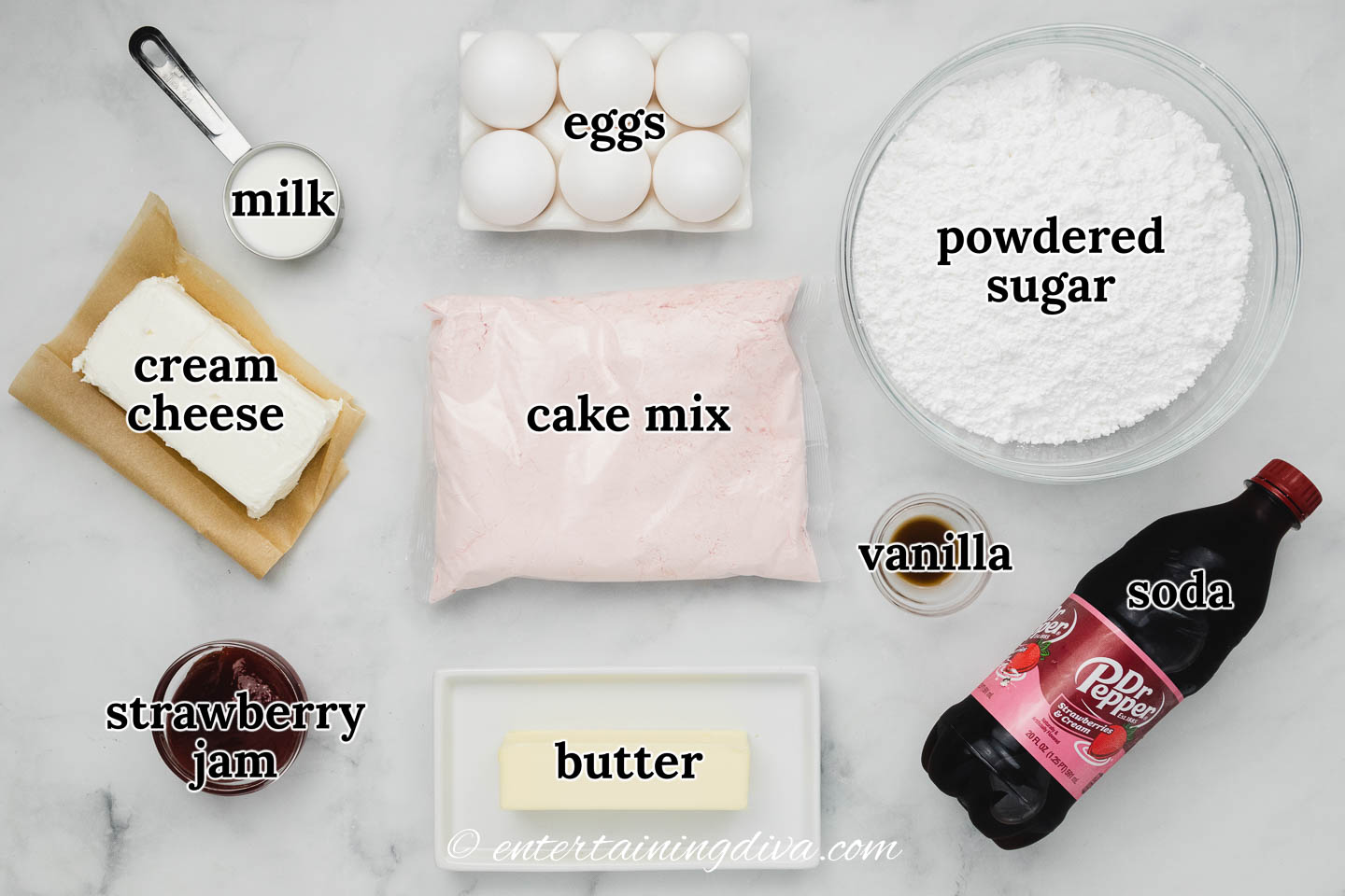 soda cupcakes and frosting ingredients - cake mix, Dr. Pepper soda, butter, eggs, cream cheese, powdered sugar, vanilla, milk, strawberry jam