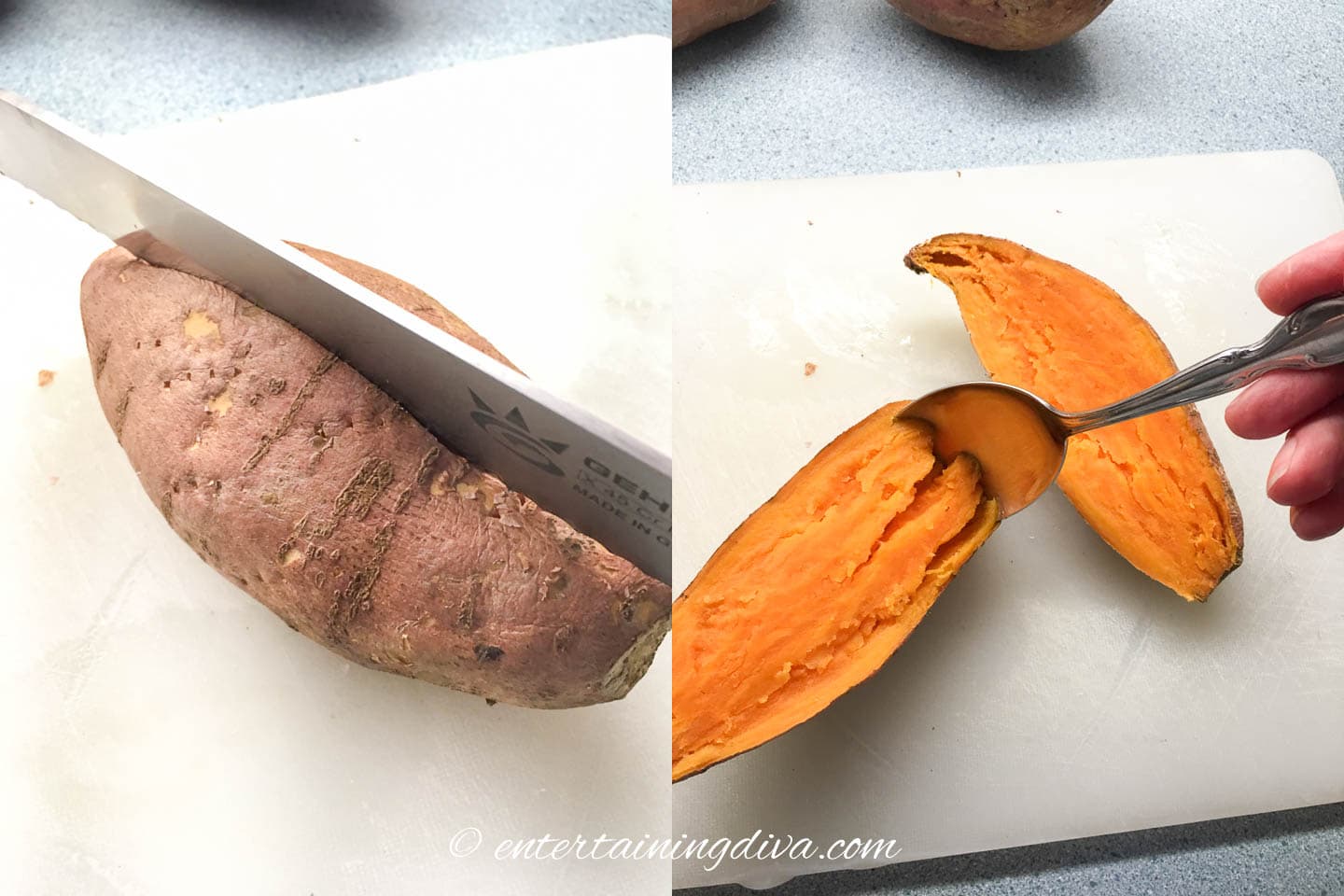 Sweet potato being cut in half and scooped out