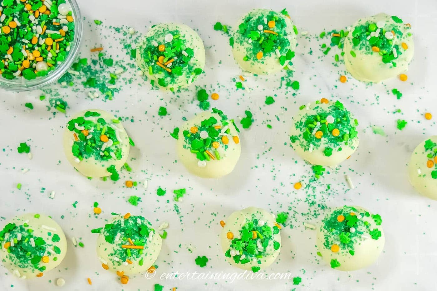 St Patrick's Day cake balls decorated with green sprinkles