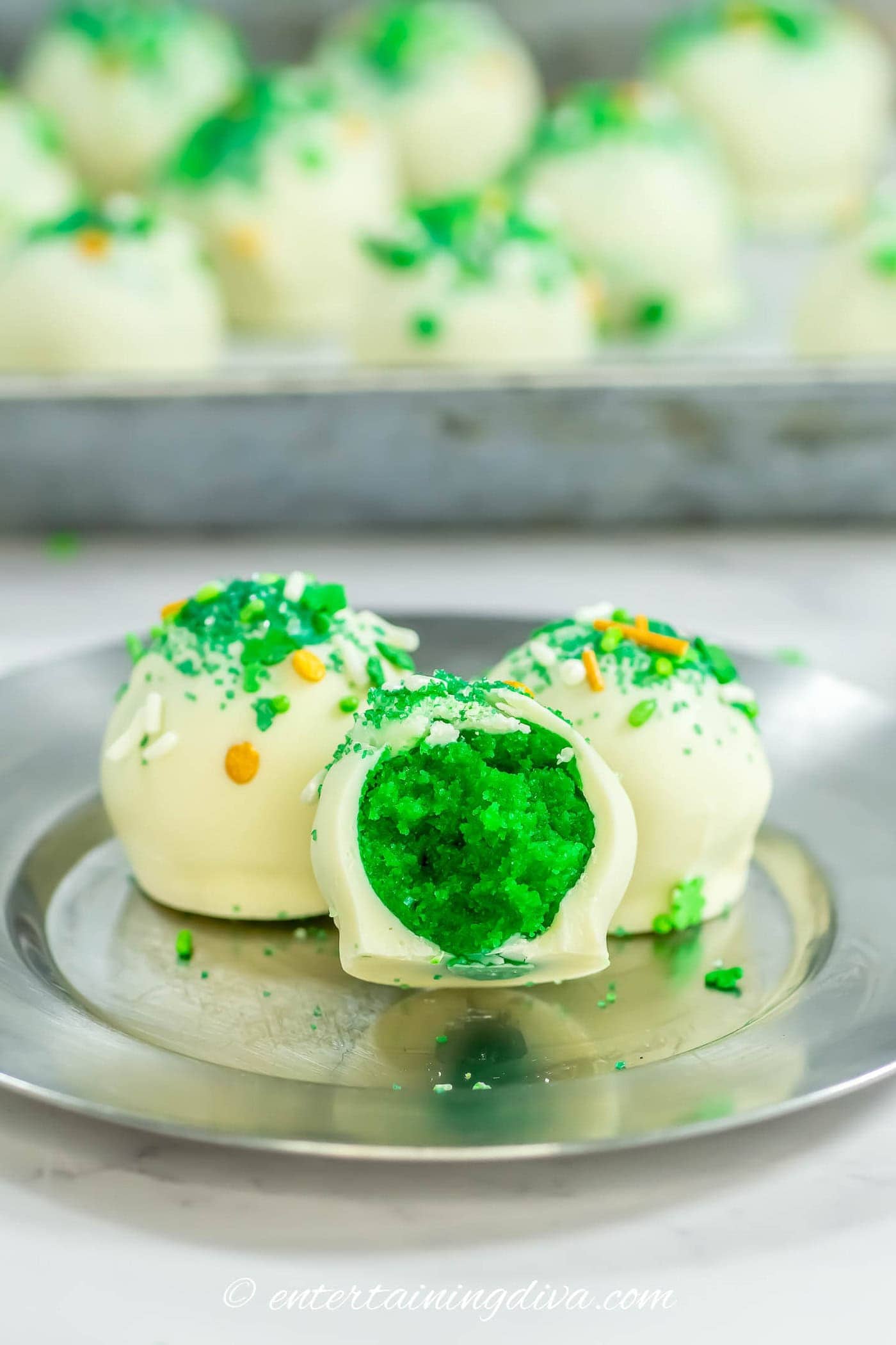 St Patrick's Day cake balls that are green inside and white outside