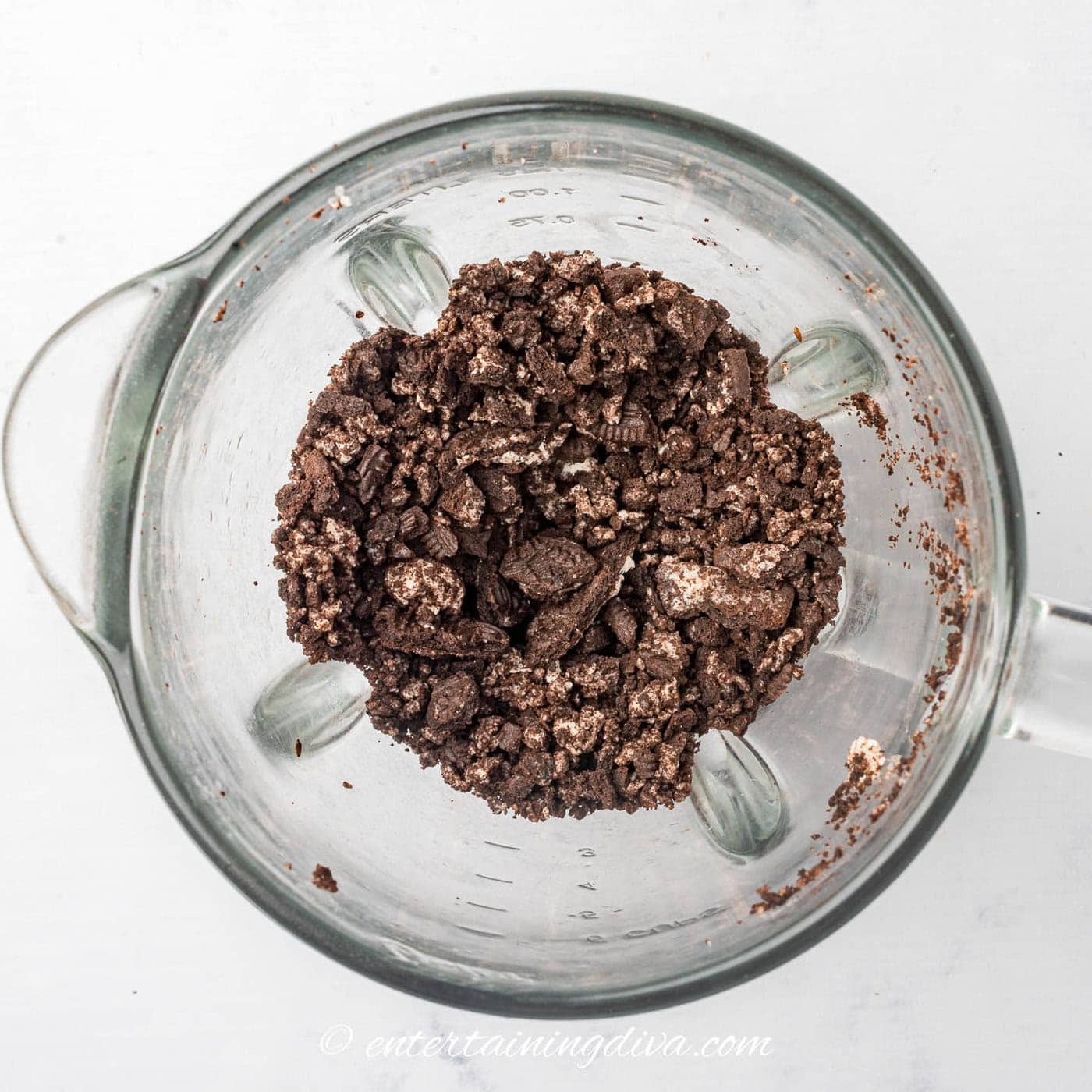 Crushed Oreo cookies in a bowl